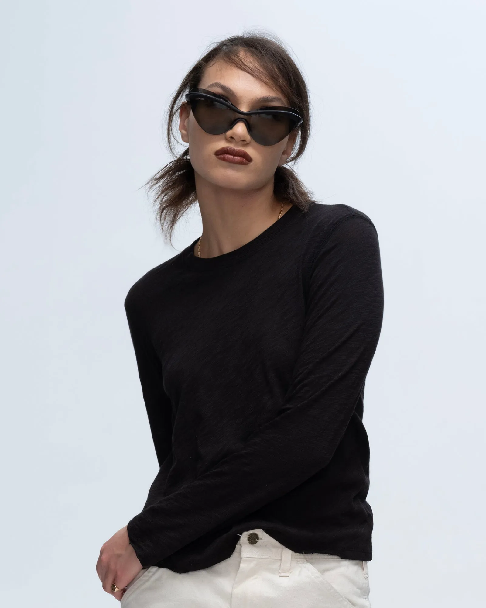 Slub Jersey Long Sleeve Destroyed Wash Crop Tee - Black