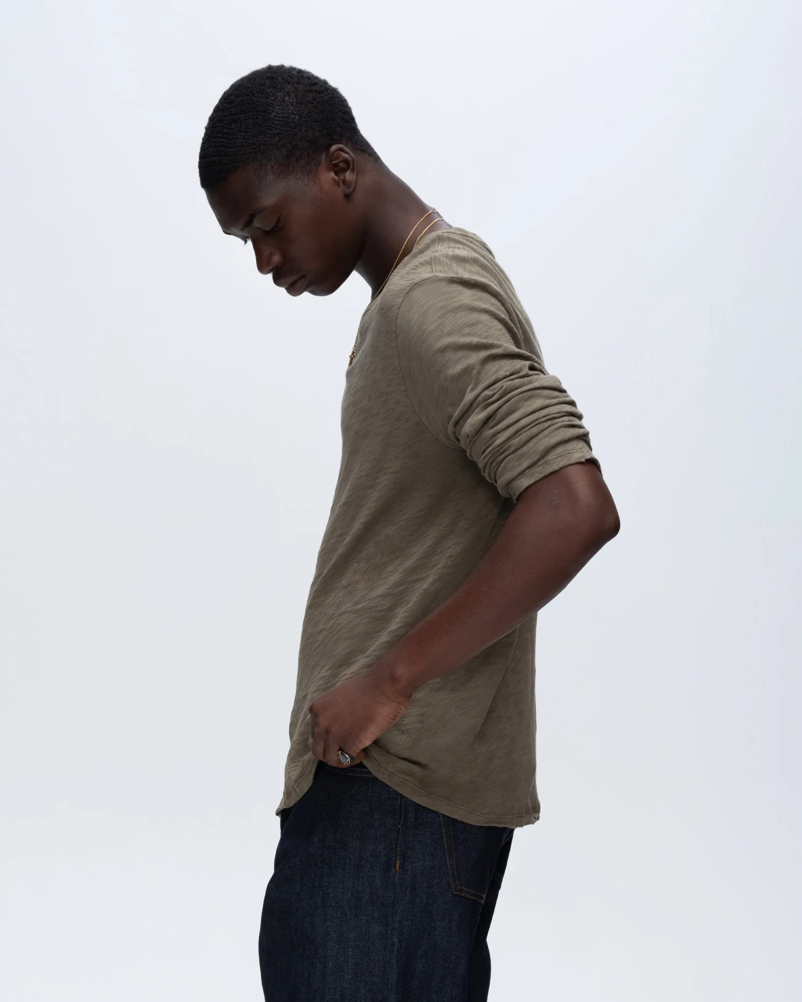 Slub Jersey Long Sleeve Destroyed Wash Tee - Army