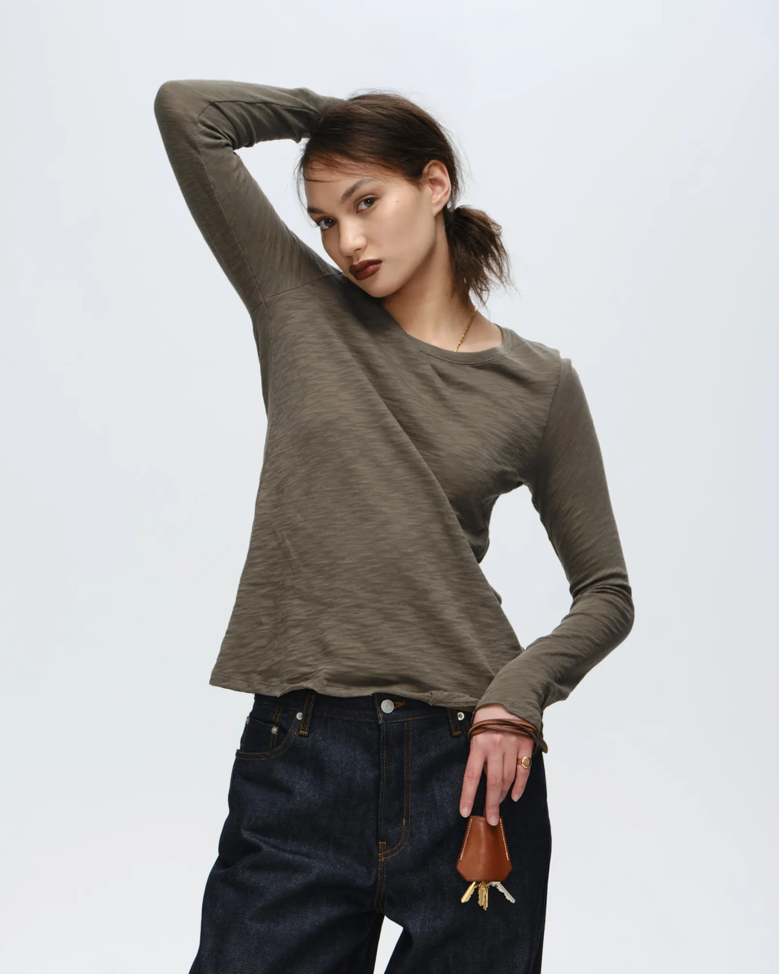 Slub Jersey Long Sleeve Destroyed Wash Tee - Army