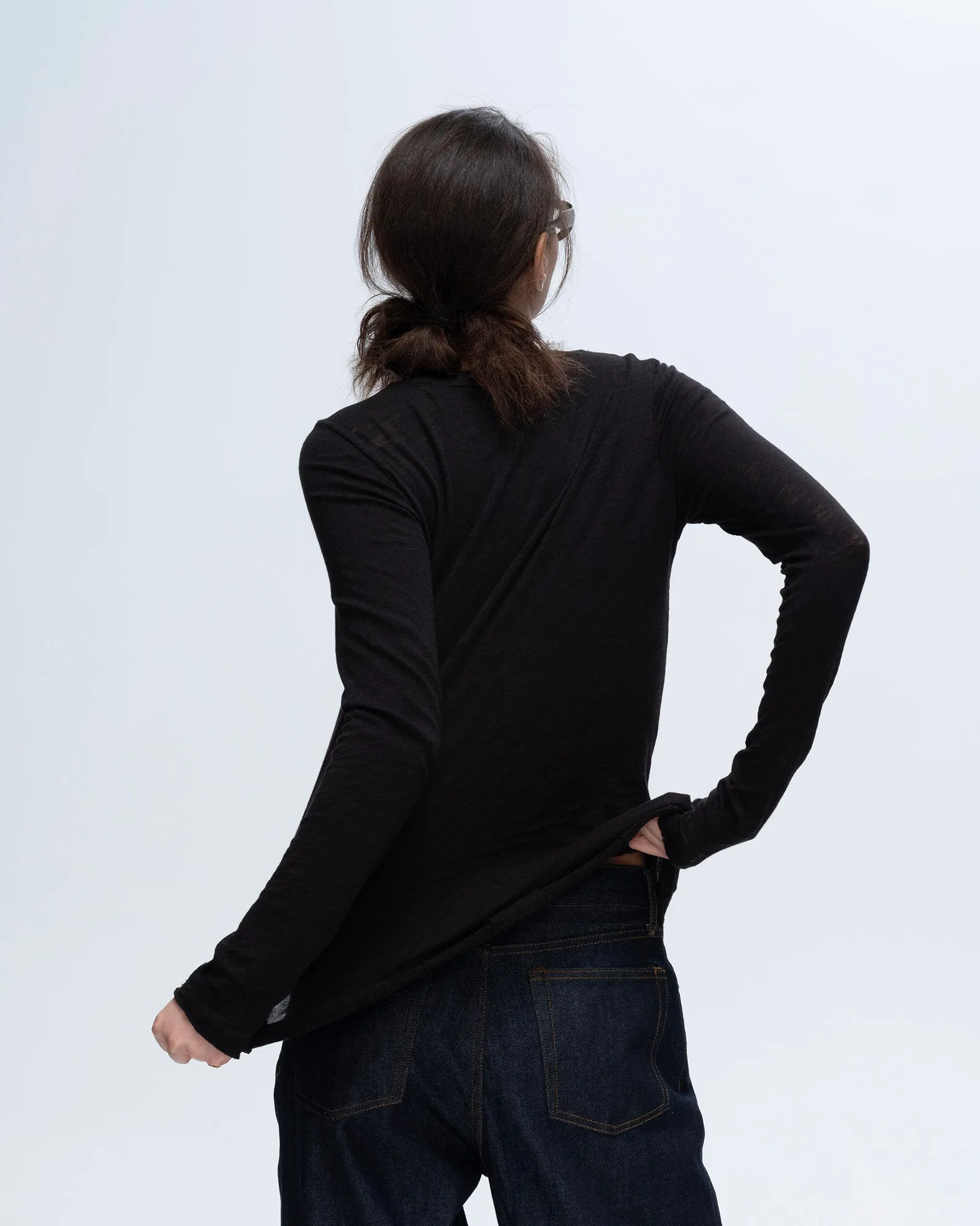 Slub Jersey Long Sleeve Destroyed Wash Tee - Black