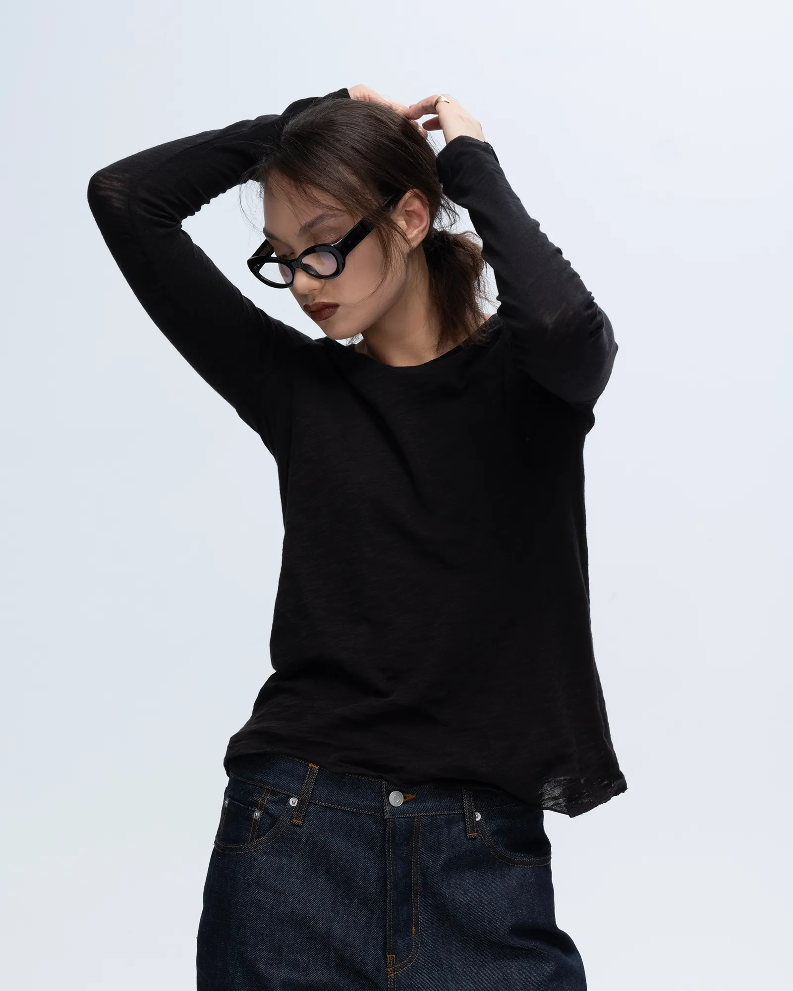 Slub Jersey Long Sleeve Destroyed Wash Tee - Black