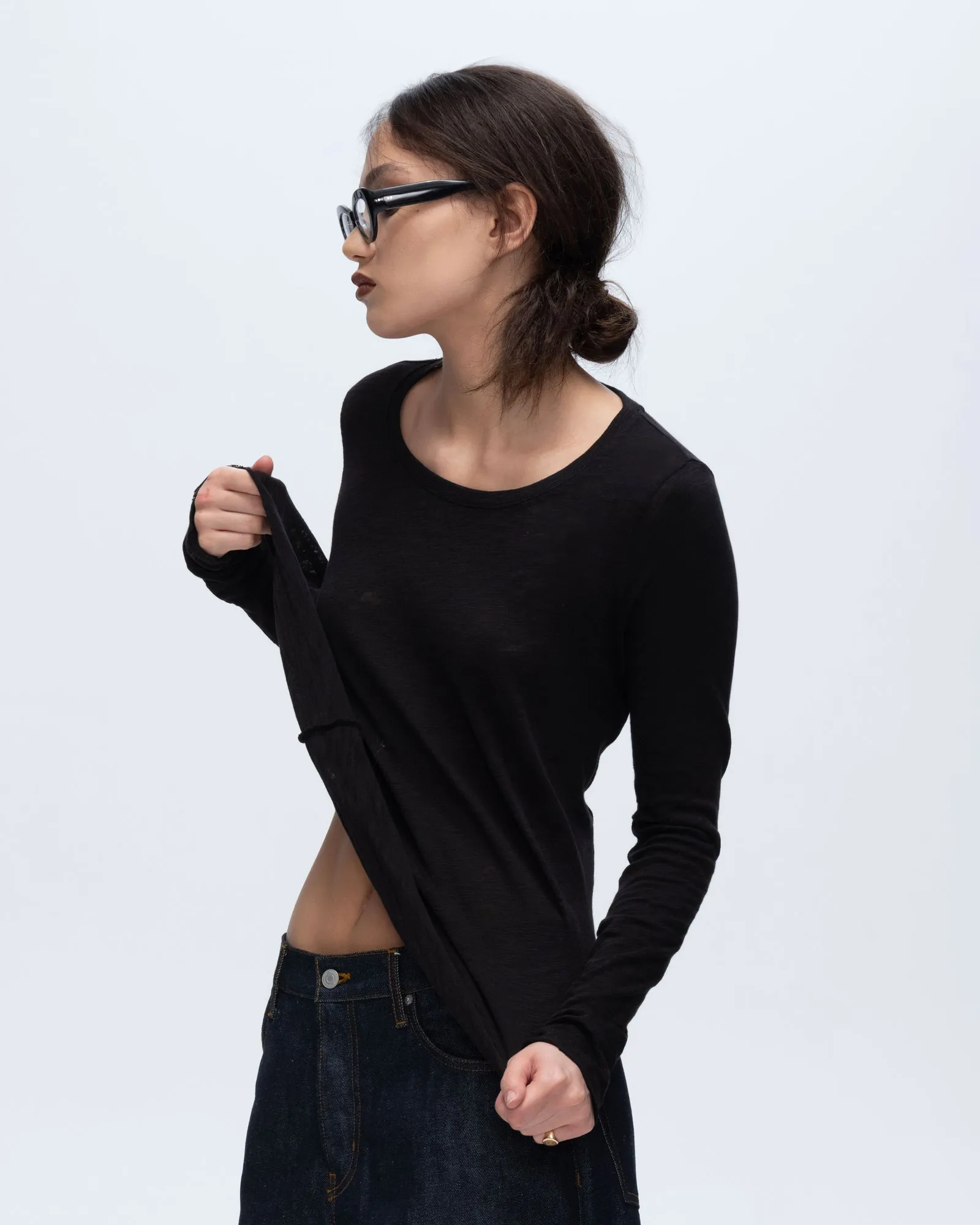 Slub Jersey Long Sleeve Destroyed Wash Tee - Black