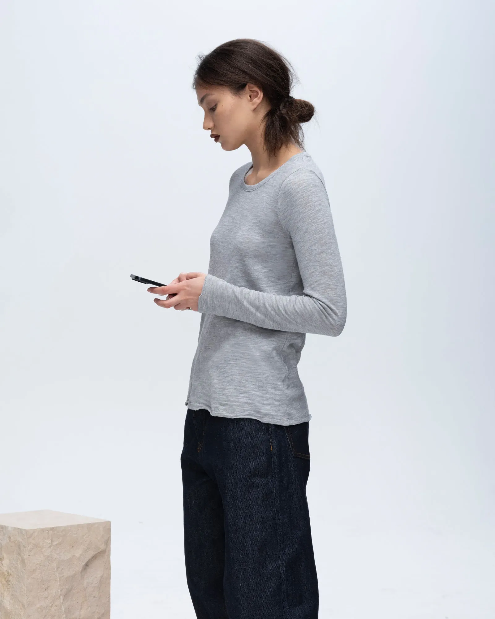 Slub Jersey Long Sleeve Destroyed Wash Tee - Heather Grey