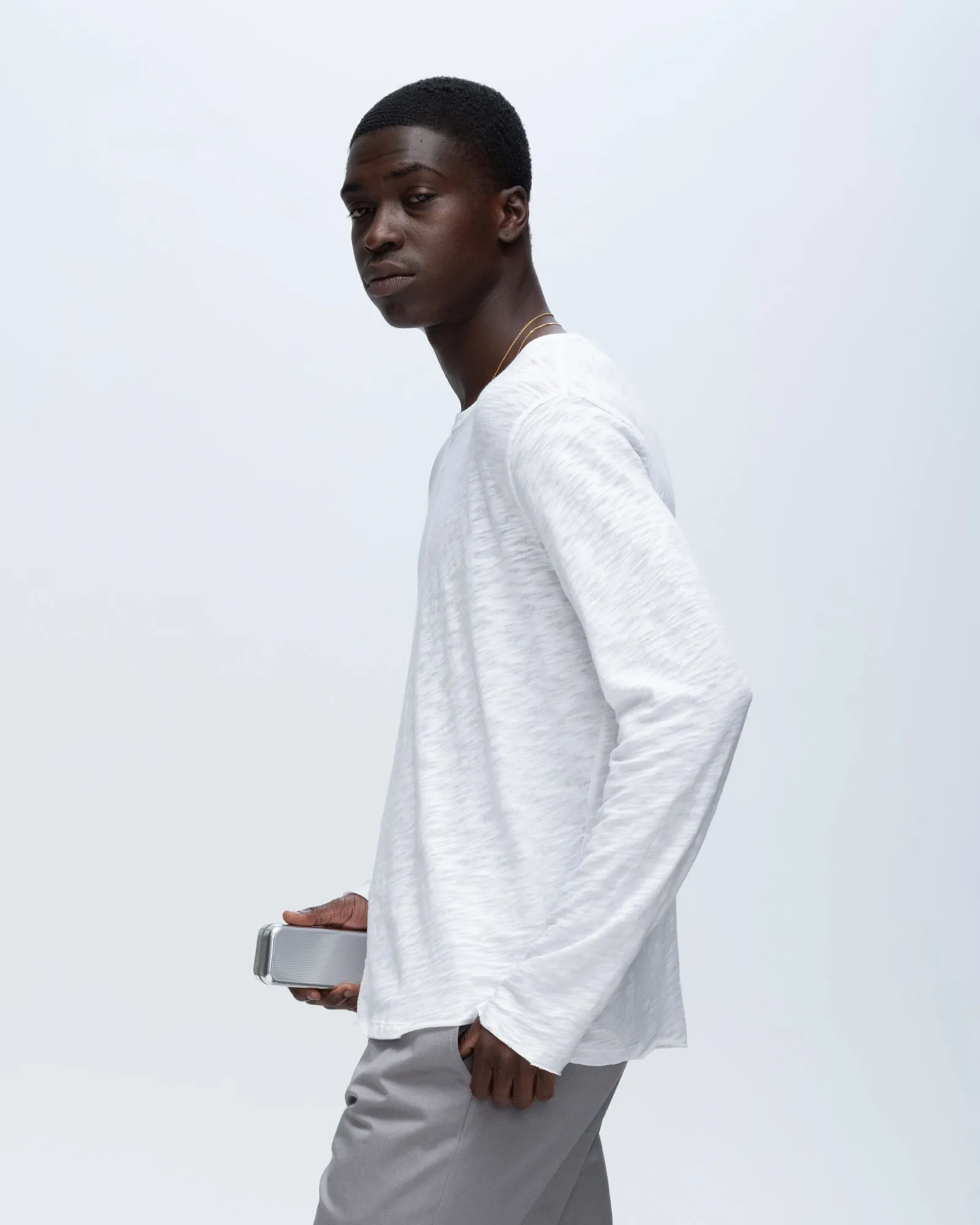 Slub Jersey Long Sleeve Destroyed Wash Tee - White