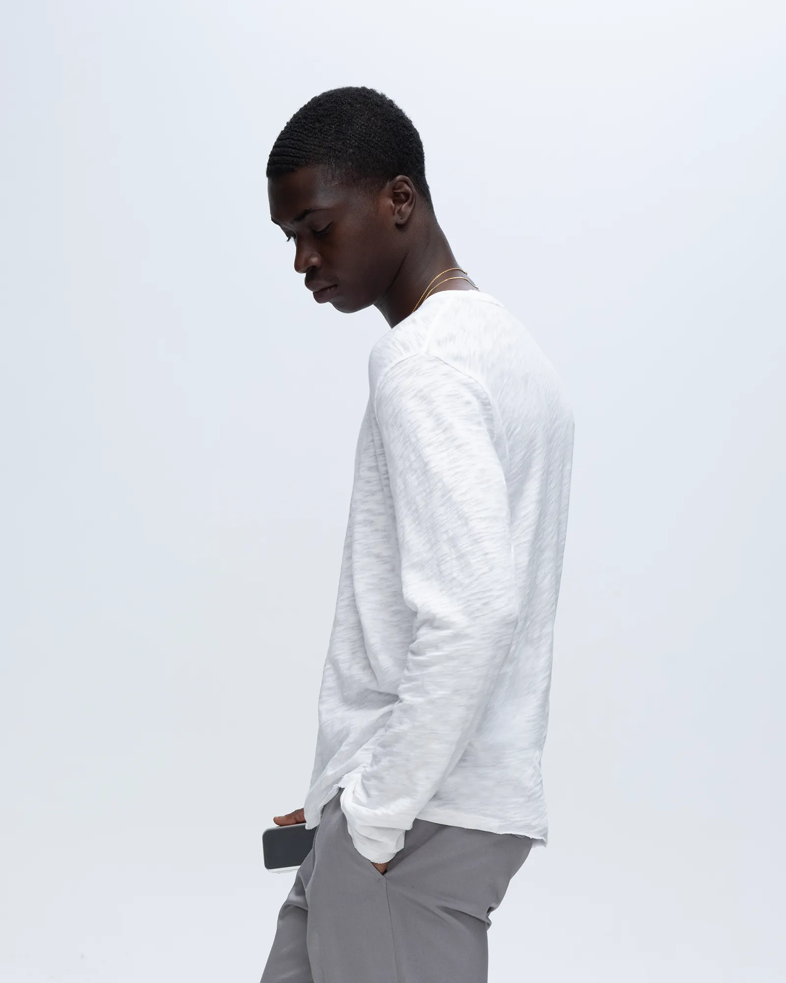 Slub Jersey Long Sleeve Destroyed Wash Tee - White