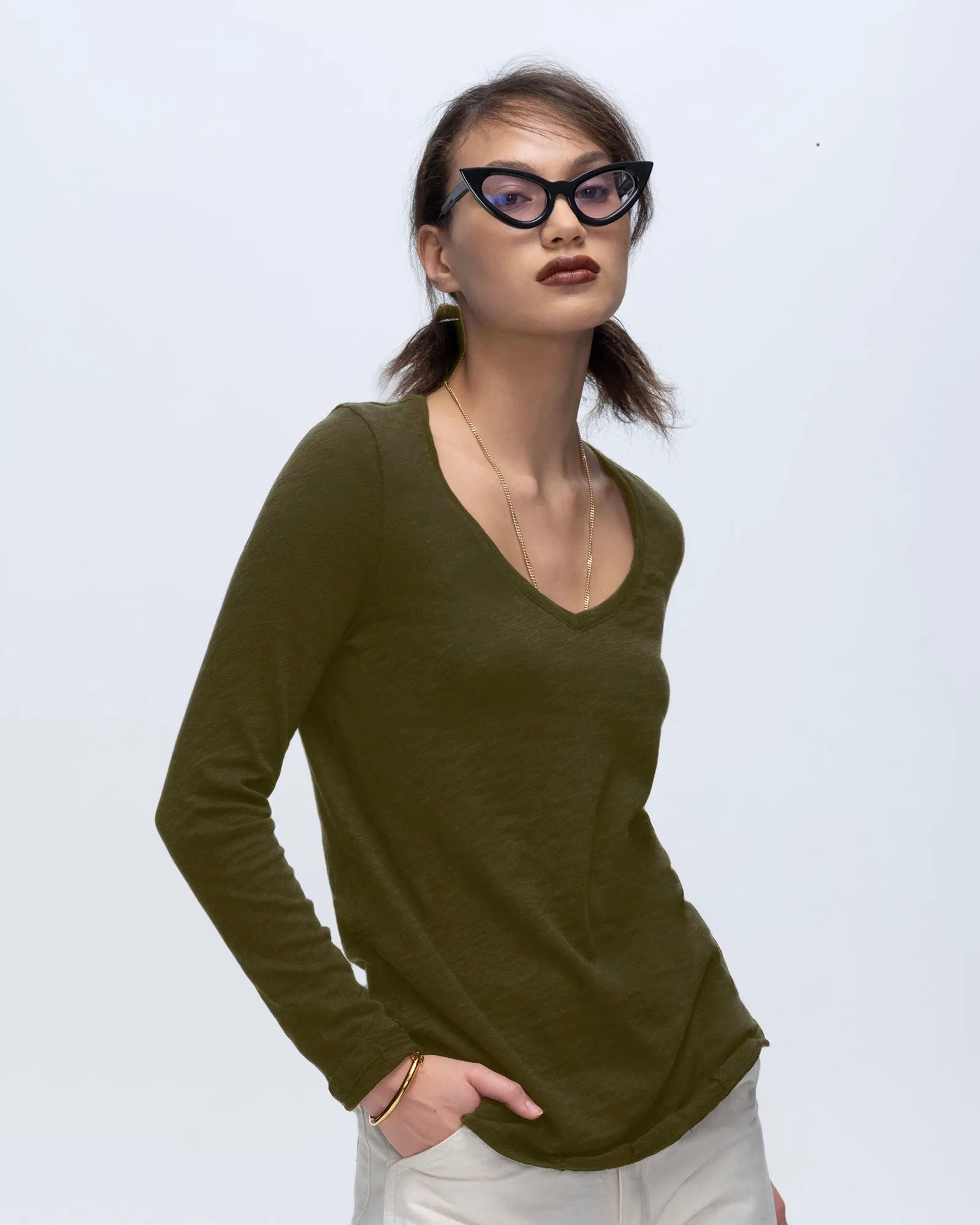Slub Jersey Long Sleeve V-Neck Tee - Army