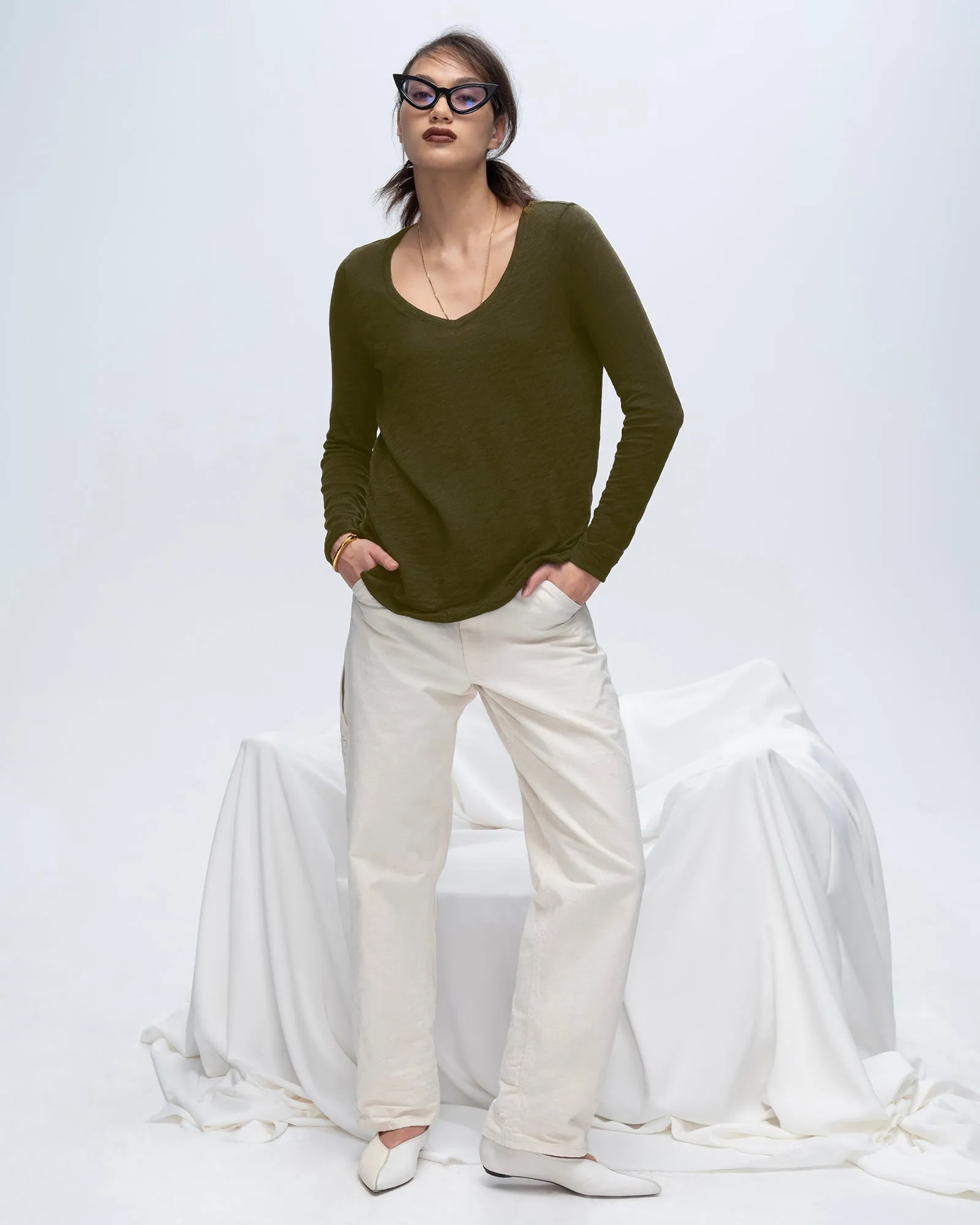 Slub Jersey Long Sleeve V-Neck Tee - Army