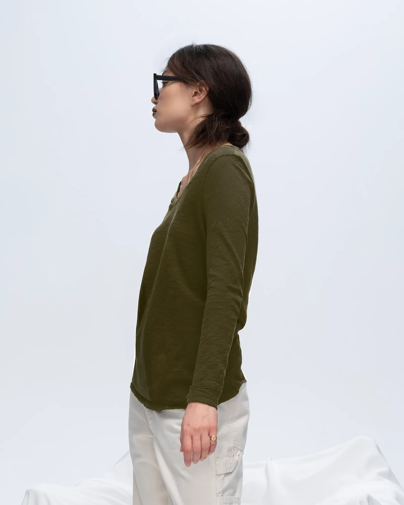 Slub Jersey Long Sleeve V-Neck Tee - Army