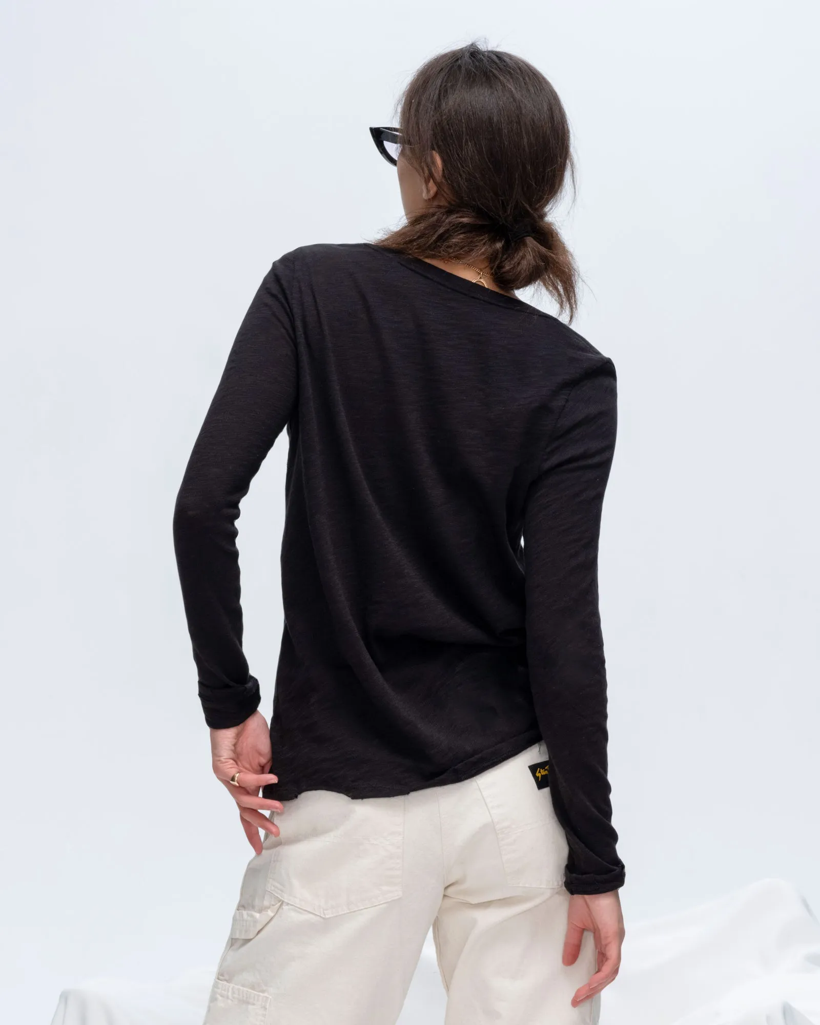 Slub Jersey Long Sleeve V-Neck Tee - Black