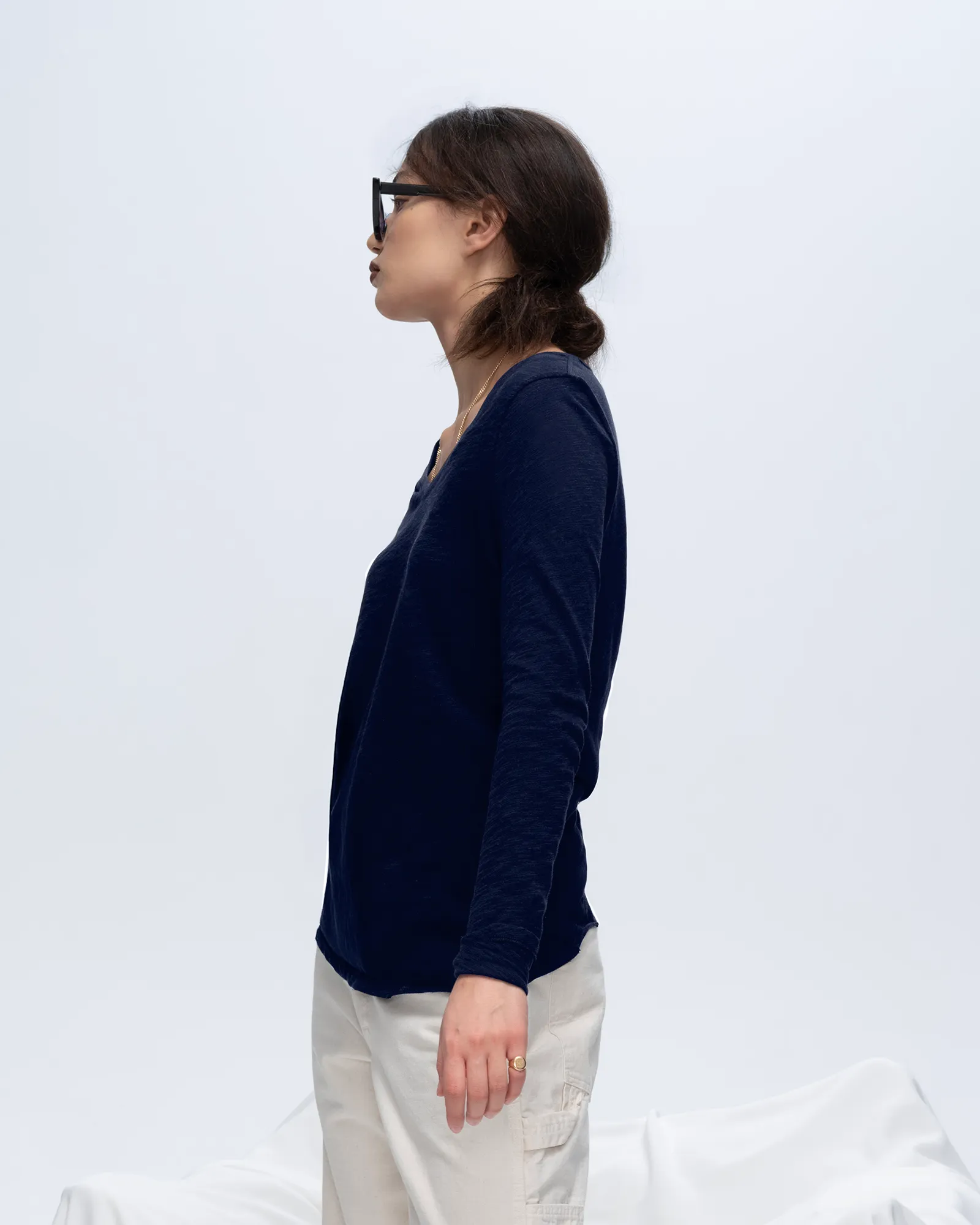 Slub Jersey Long Sleeve V-Neck Tee - Midnight