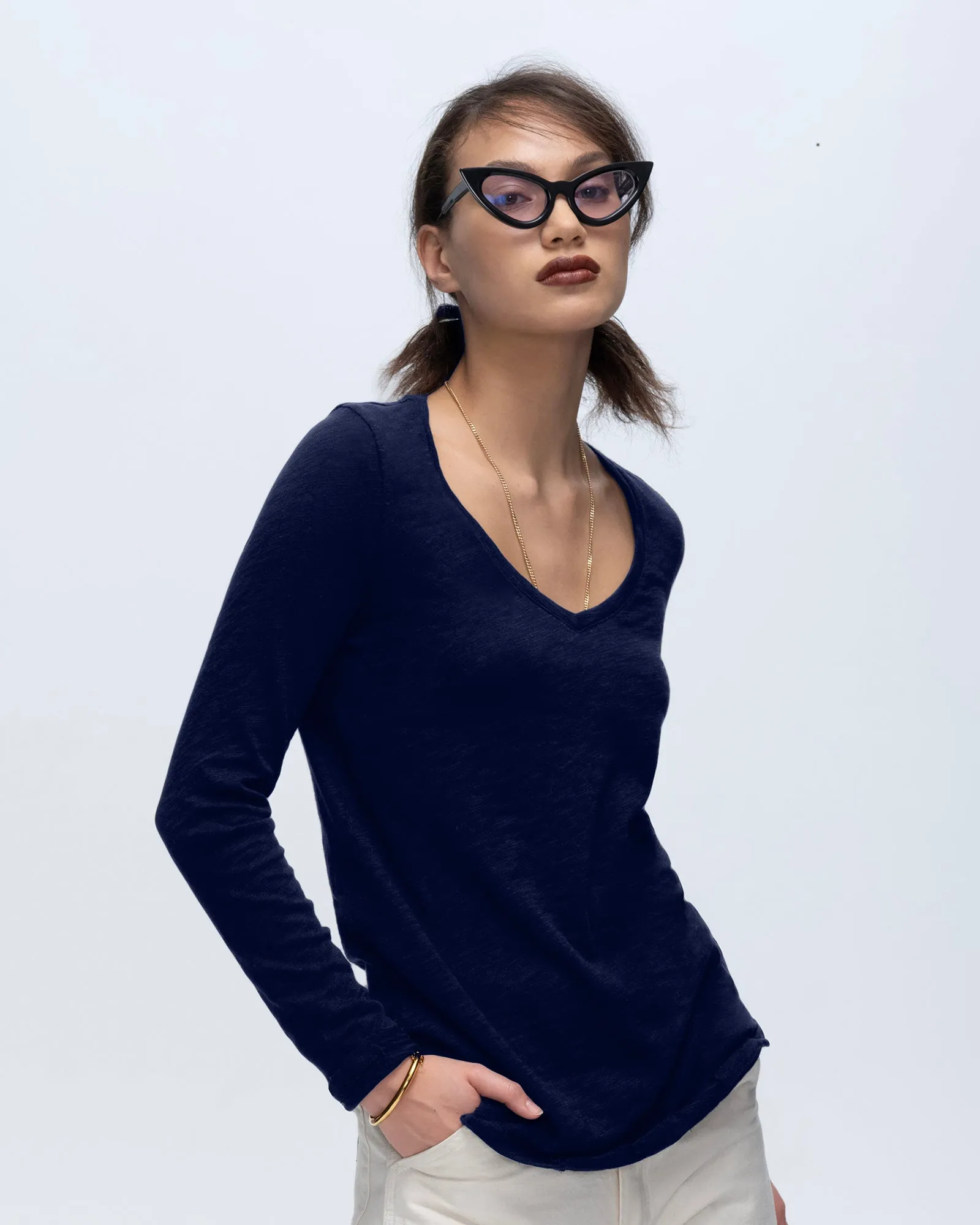 Slub Jersey Long Sleeve V-Neck Tee - Midnight