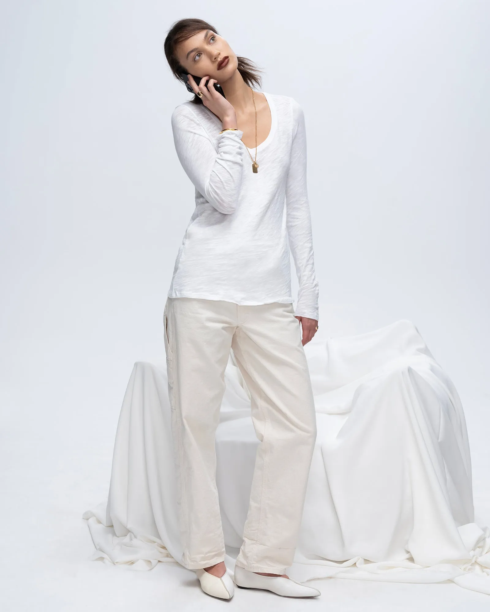 Slub Jersey Long Sleeve V-Neck Tee - White