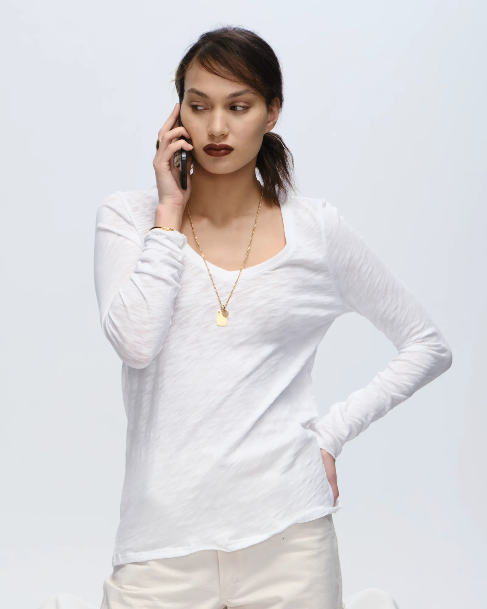 Slub Jersey Long Sleeve V-Neck Tee - White