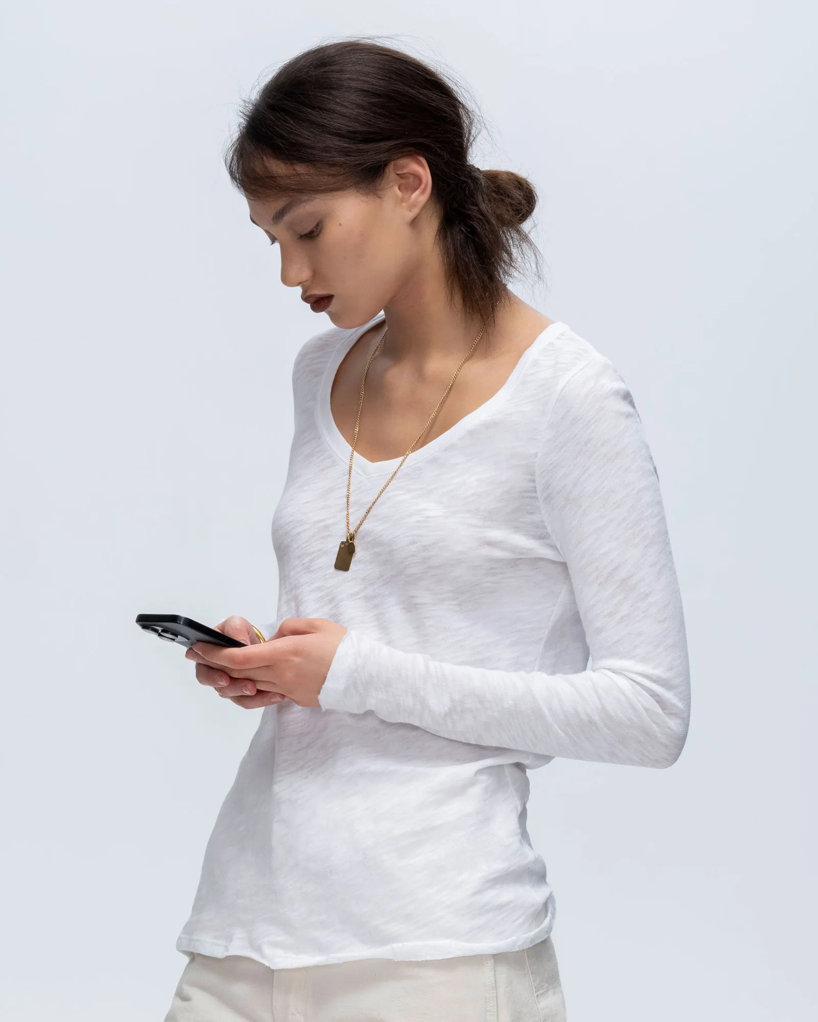 Slub Jersey Long Sleeve V-Neck Tee - White