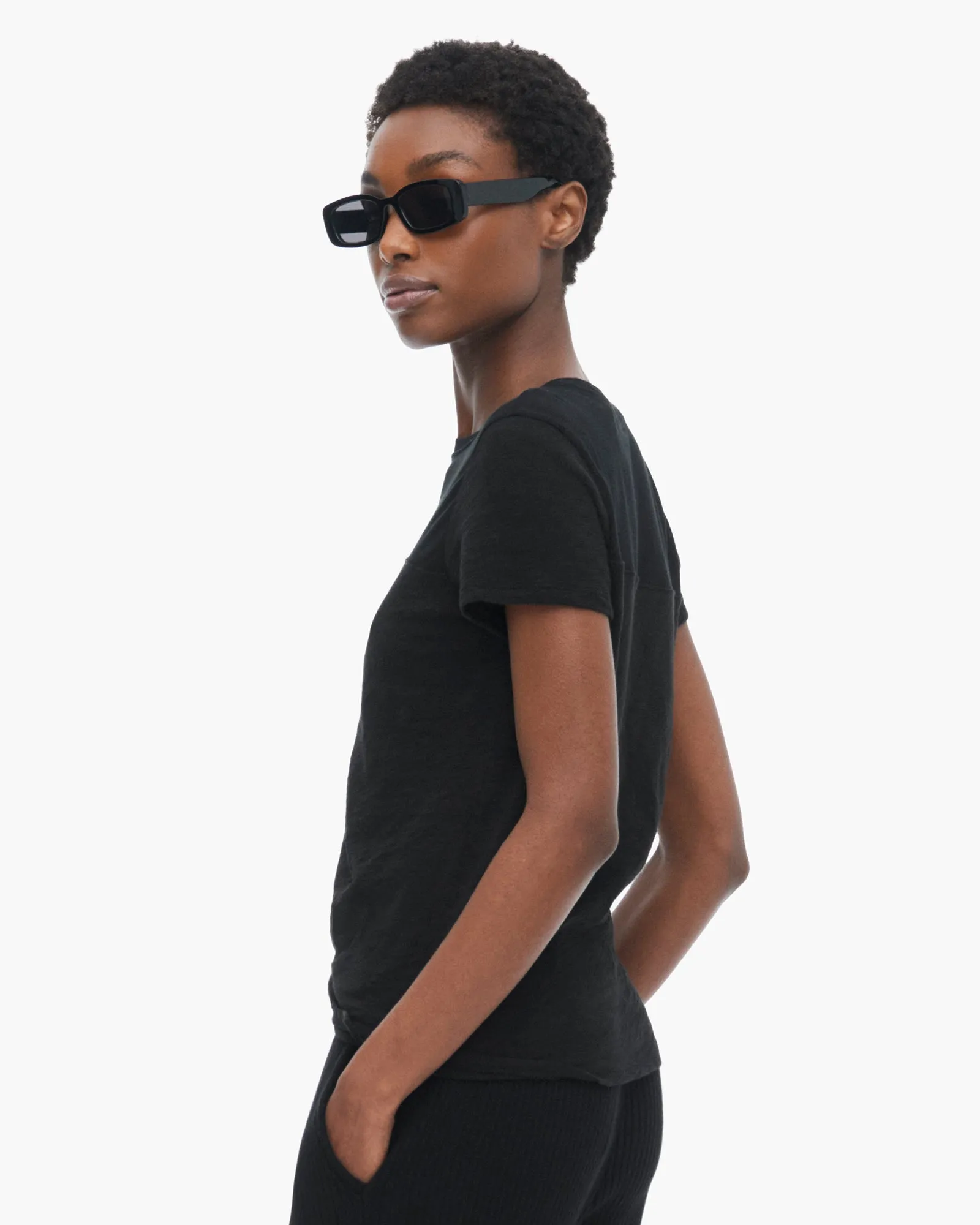 Slub Jersey Mixed Media Schoolboy Crew Neck Tee - Black
