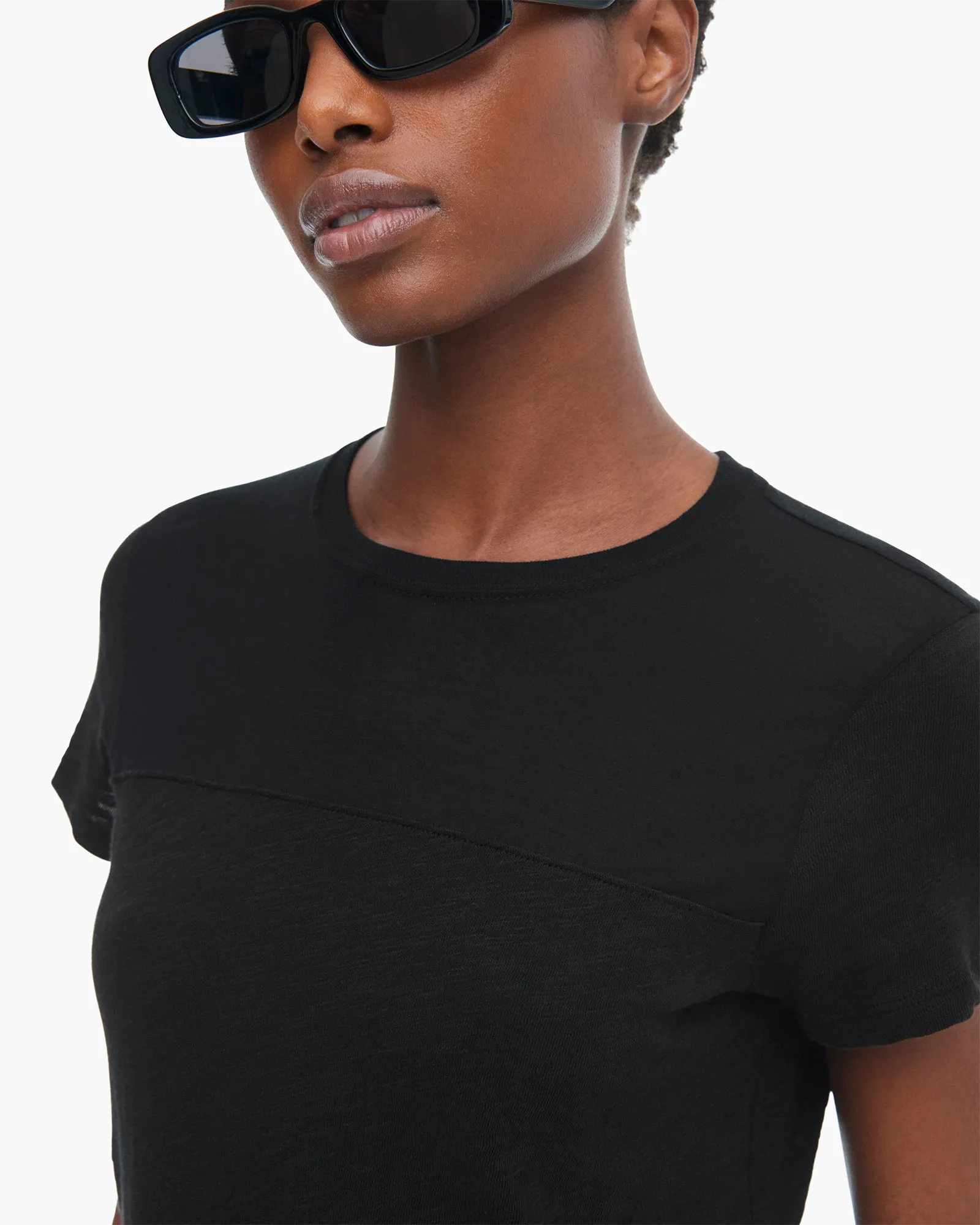 Slub Jersey Mixed Media Schoolboy Crew Neck Tee - Black