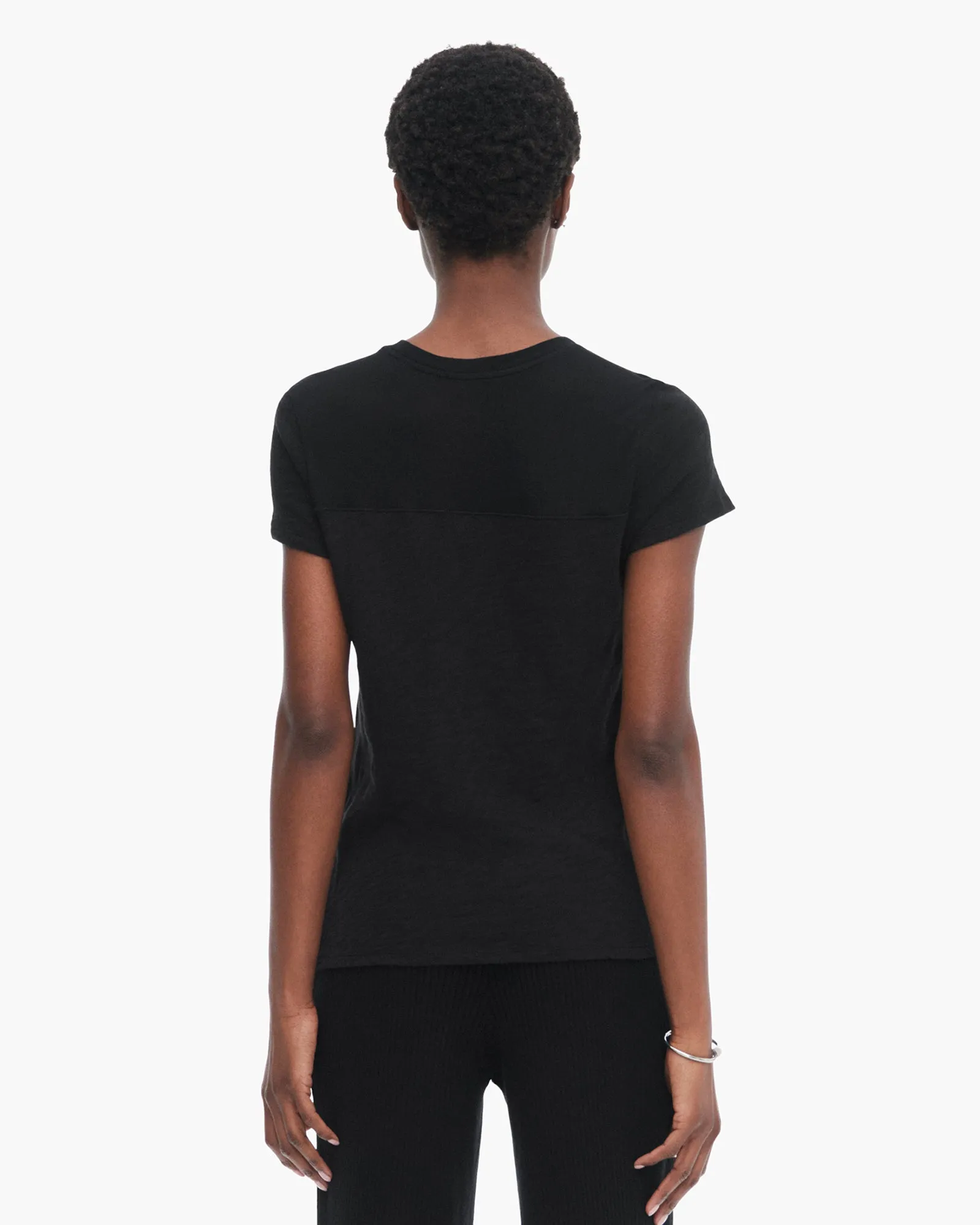 Slub Jersey Mixed Media Schoolboy Crew Neck Tee - Black