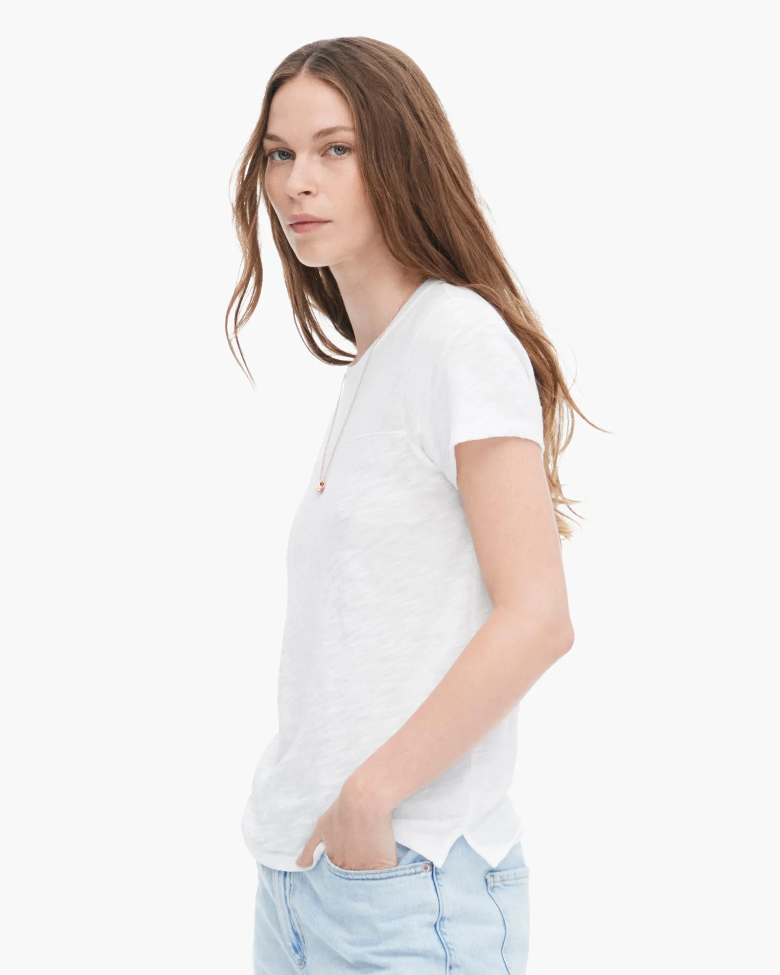 Slub Jersey Mixed Media Schoolboy Crew Neck Tee - White