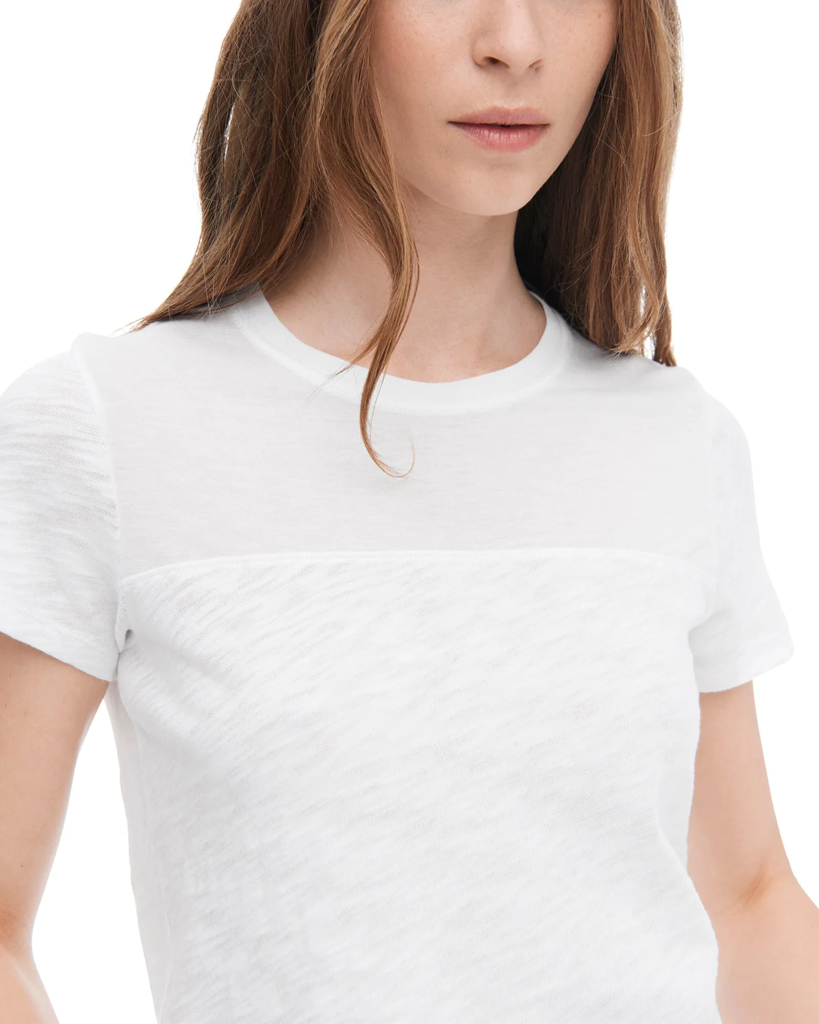 Slub Jersey Mixed Media Schoolboy Crew Neck Tee - White