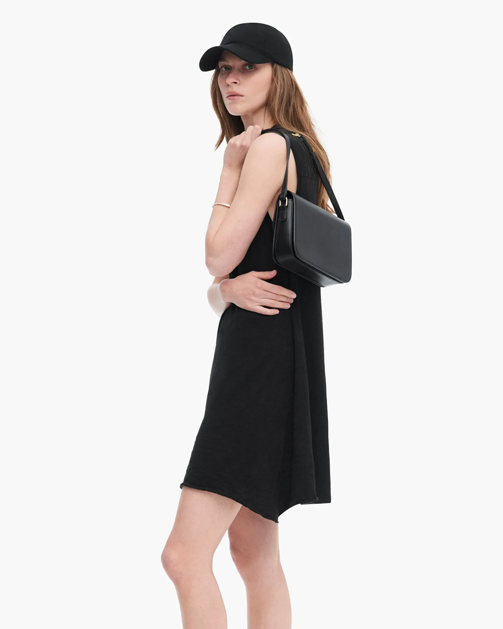 Slub Jersey Mixed Media Sleeveless Dress - Black