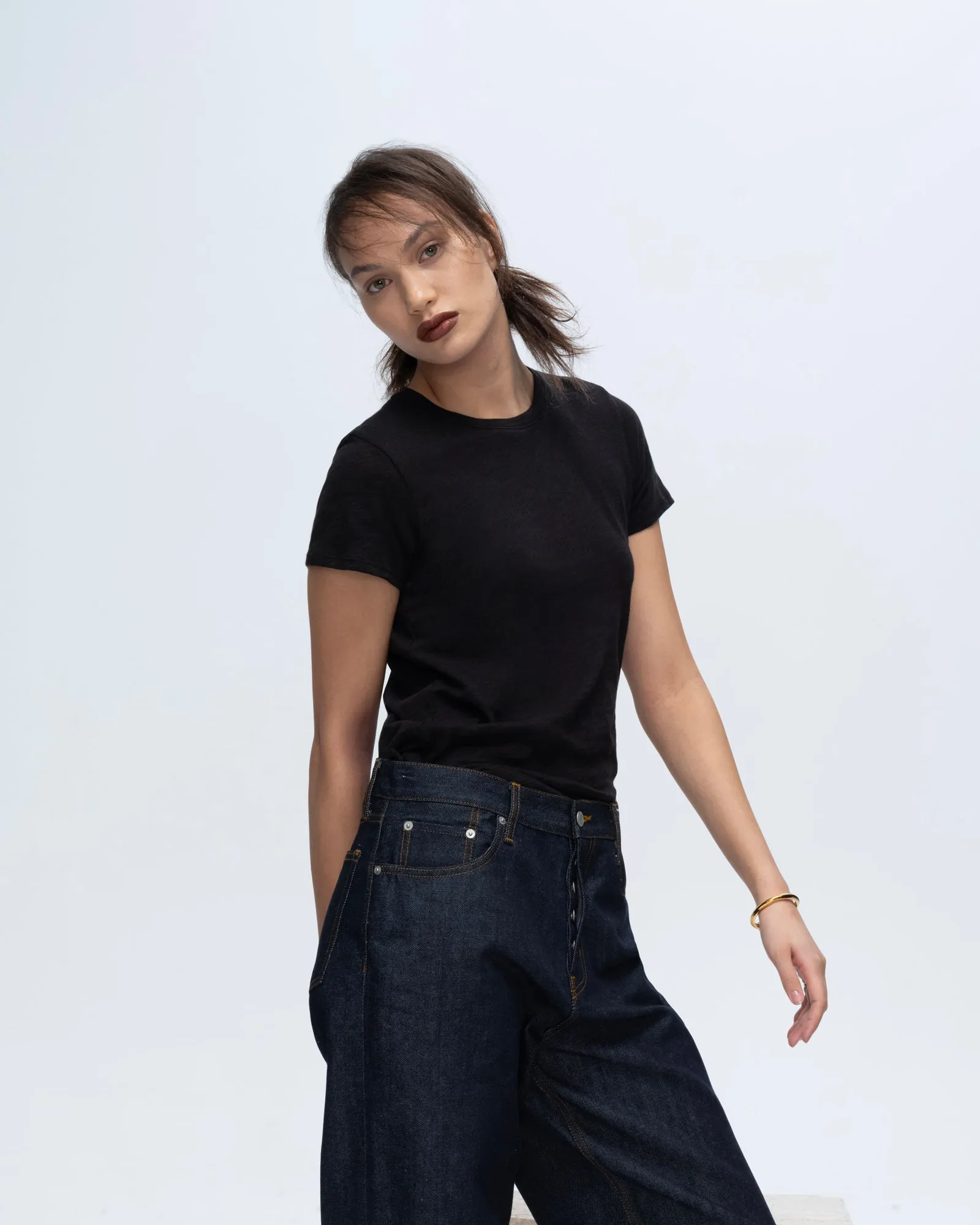 Slub Jersey Schoolboy Crew Neck Tee - Black