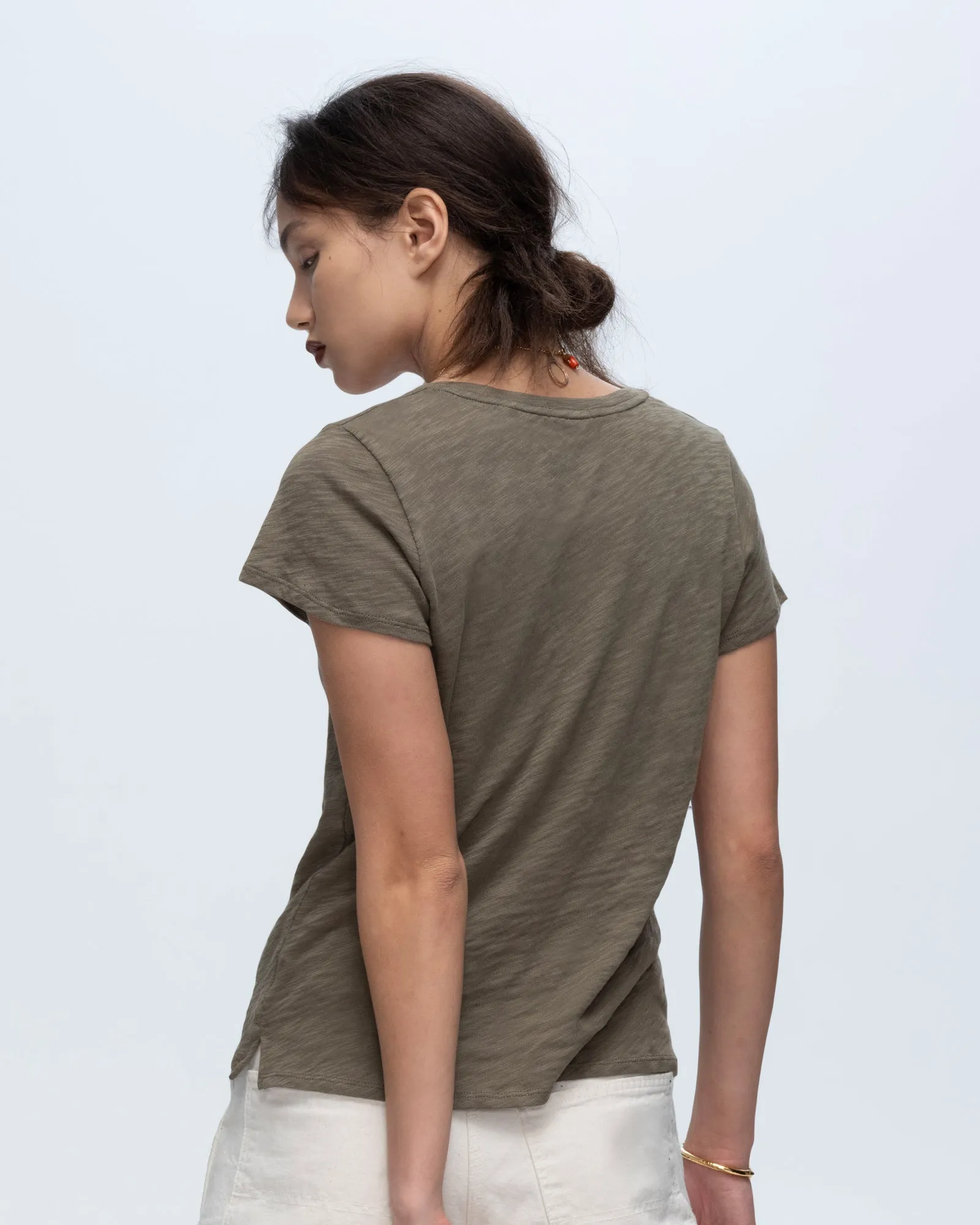 Slub Jersey Schoolboy V-Neck Tee - Army