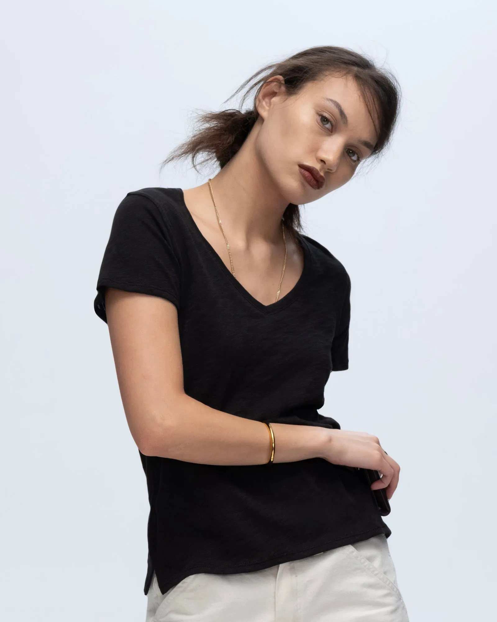 Slub Jersey Schoolboy V-Neck Tee - Black