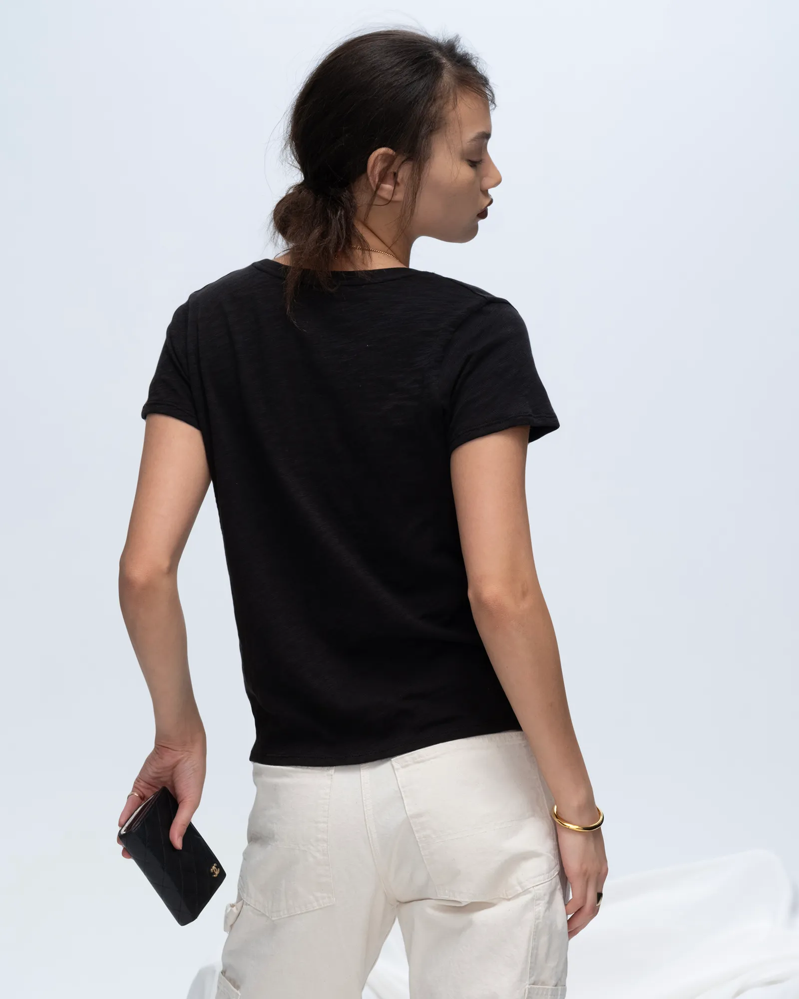 Slub Jersey Schoolboy V-Neck Tee - Black