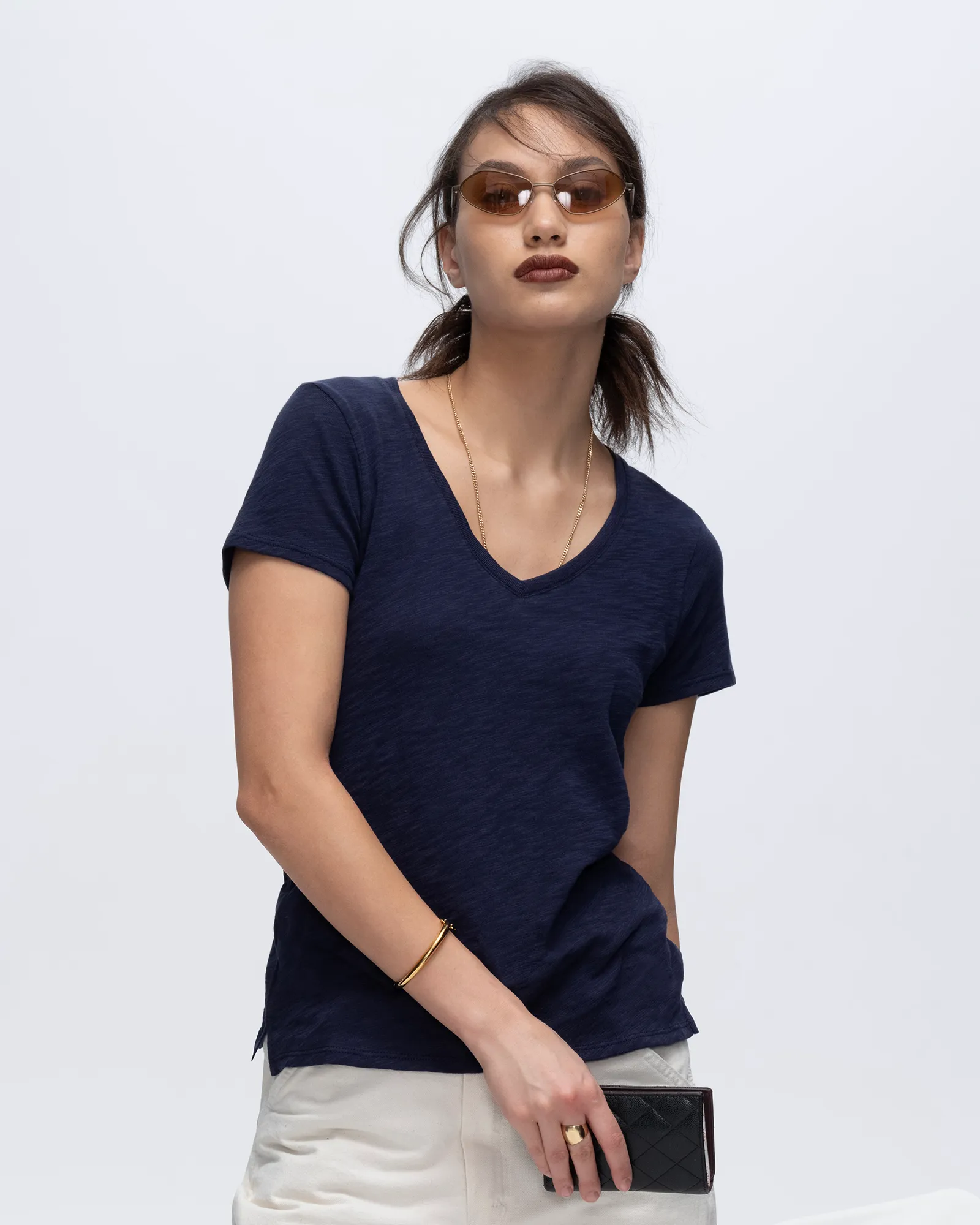 Slub Jersey Schoolboy V-Neck Tee - Midnight