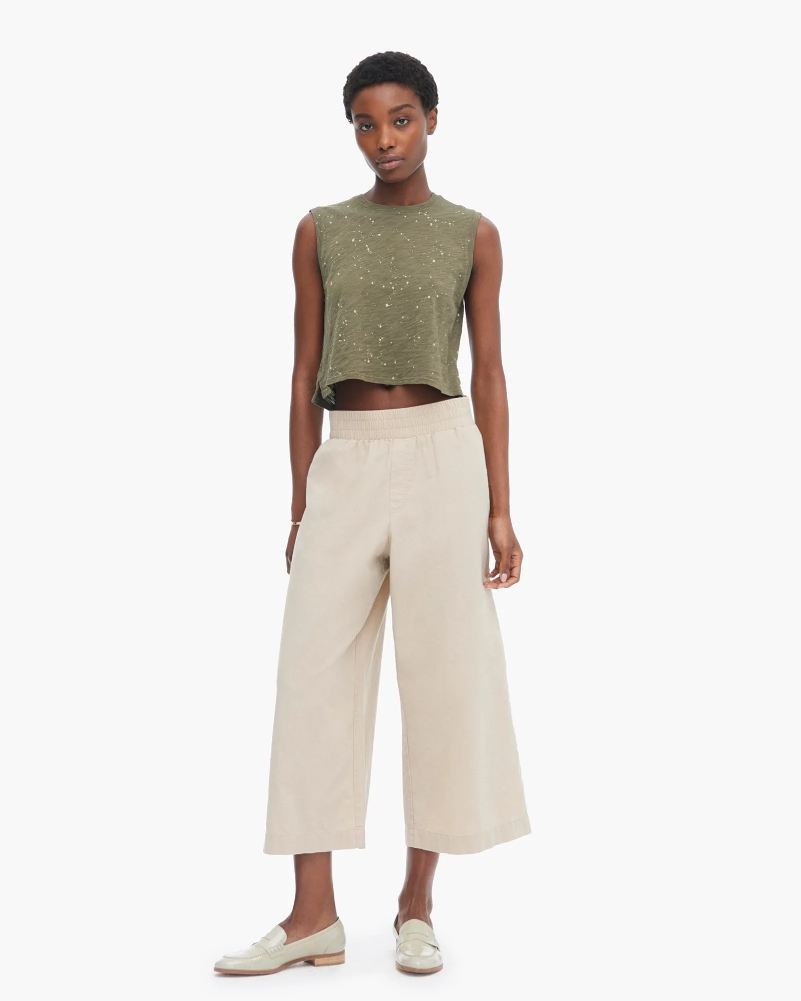 Slub Jersey Splatter Paint Cropped Sleeveless Schoolboy - Army-Faded Dune
