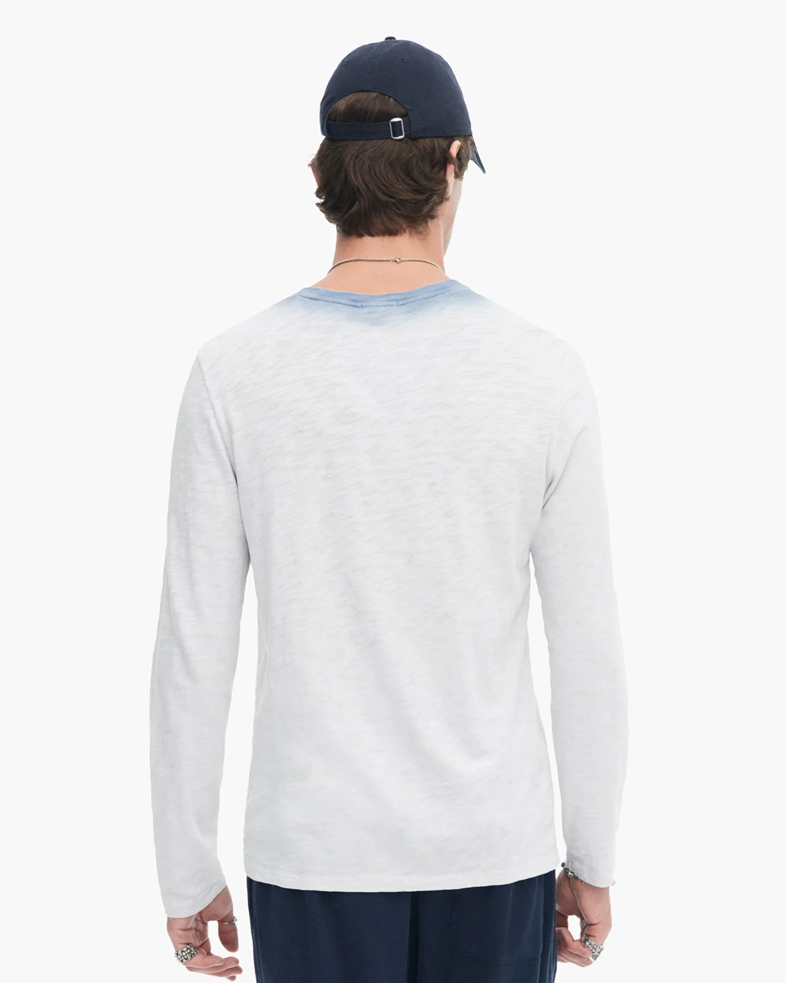 Spray Treatment Slub Jersey Destroyed Long Sleeve Crew Neck Tee - Silver-Wash Navy