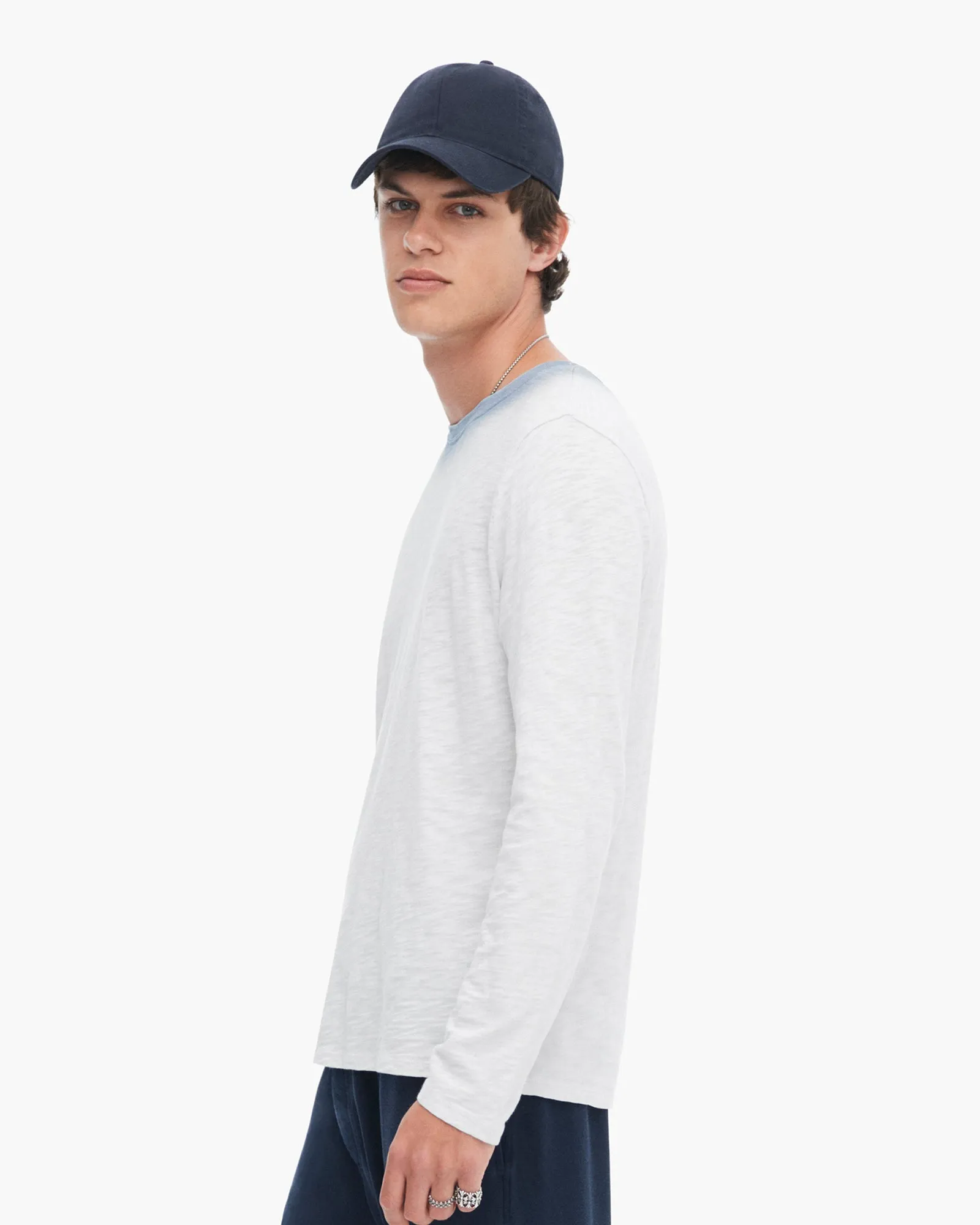 Spray Treatment Slub Jersey Destroyed Long Sleeve Crew Neck Tee - Silver-Wash Navy