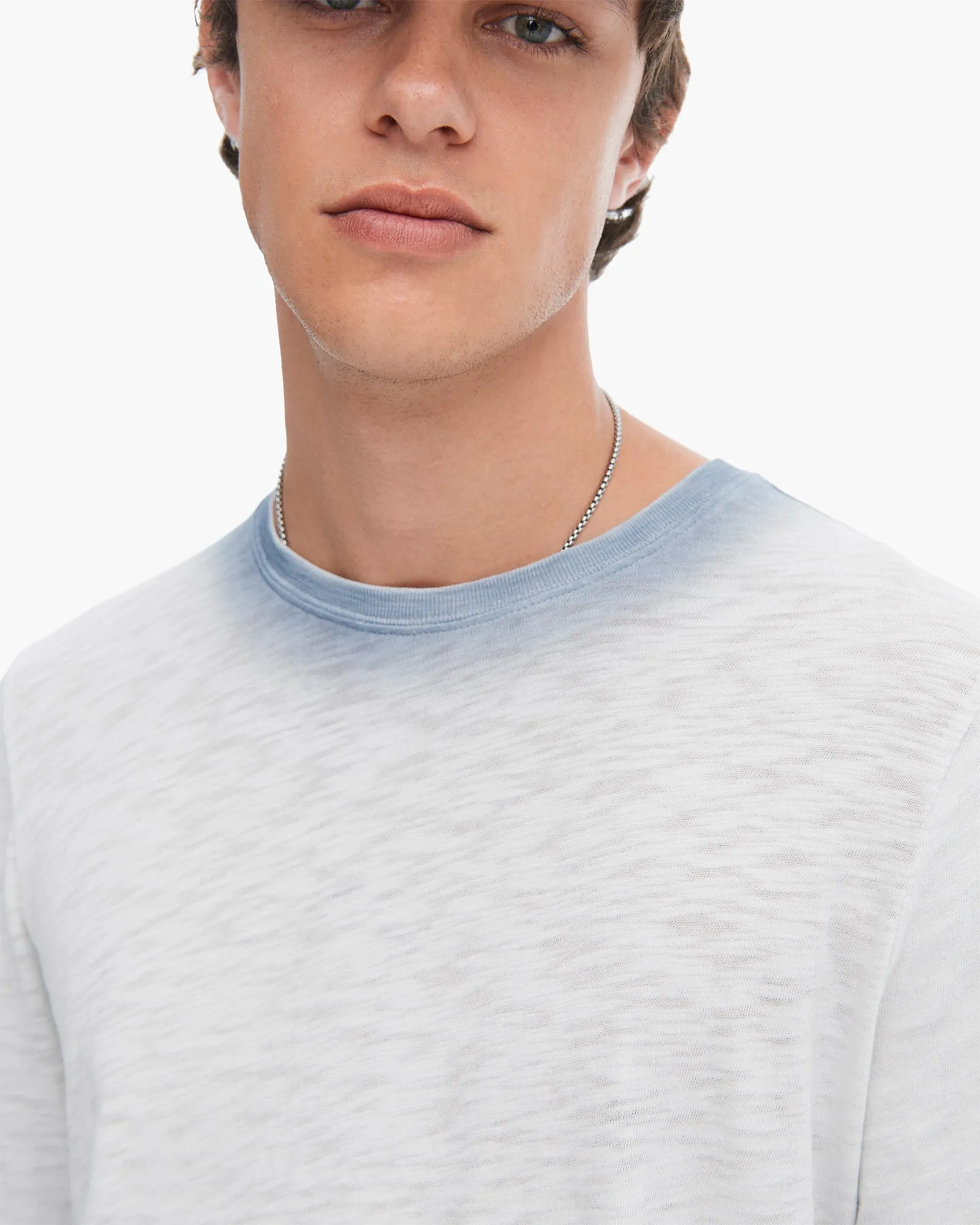 Spray Treatment Slub Jersey Destroyed Long Sleeve Crew Neck Tee - Silver-Wash Navy