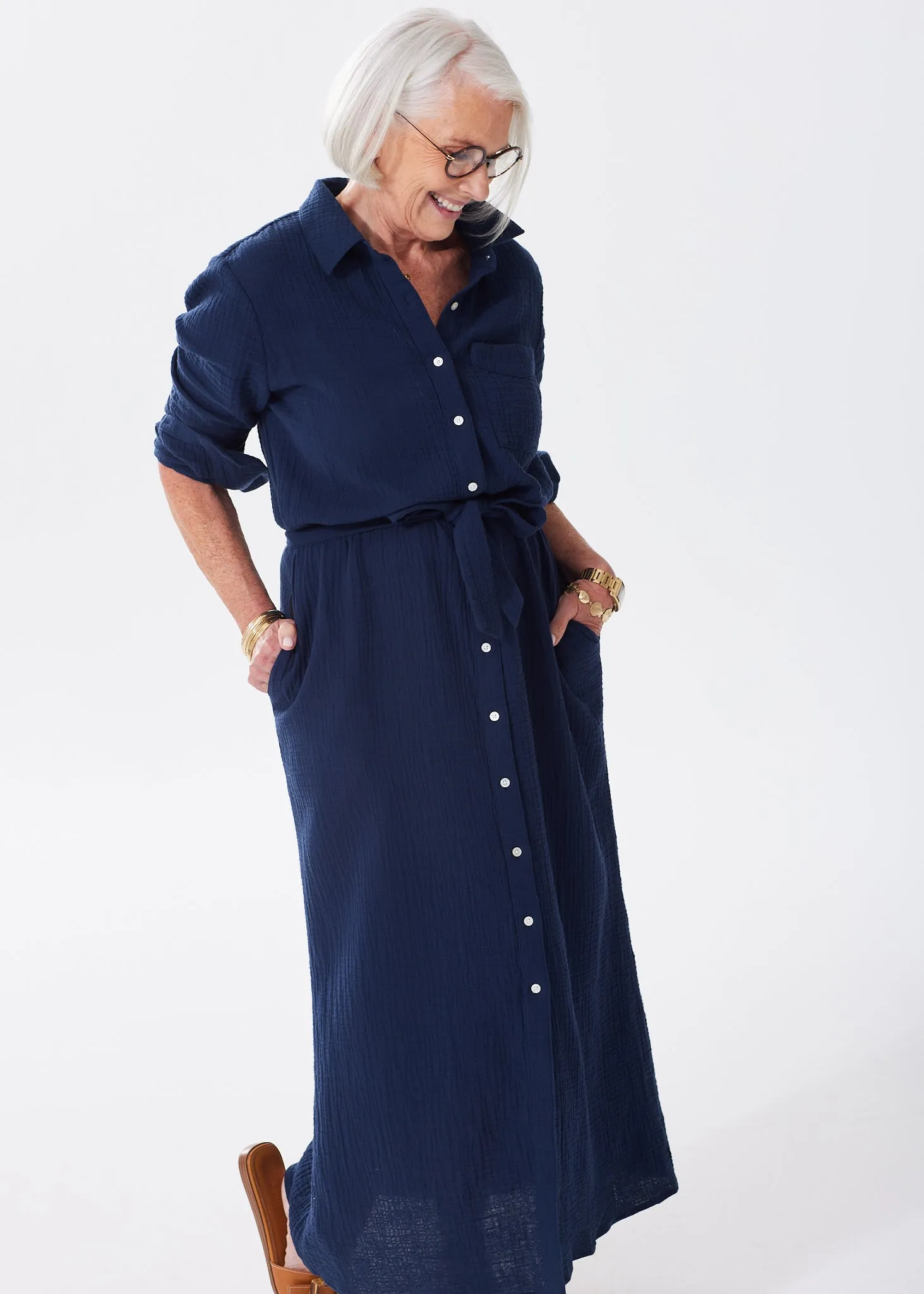 The Organic Cotton Gauze Long Shirt Dress - Double Gauze - Sale
