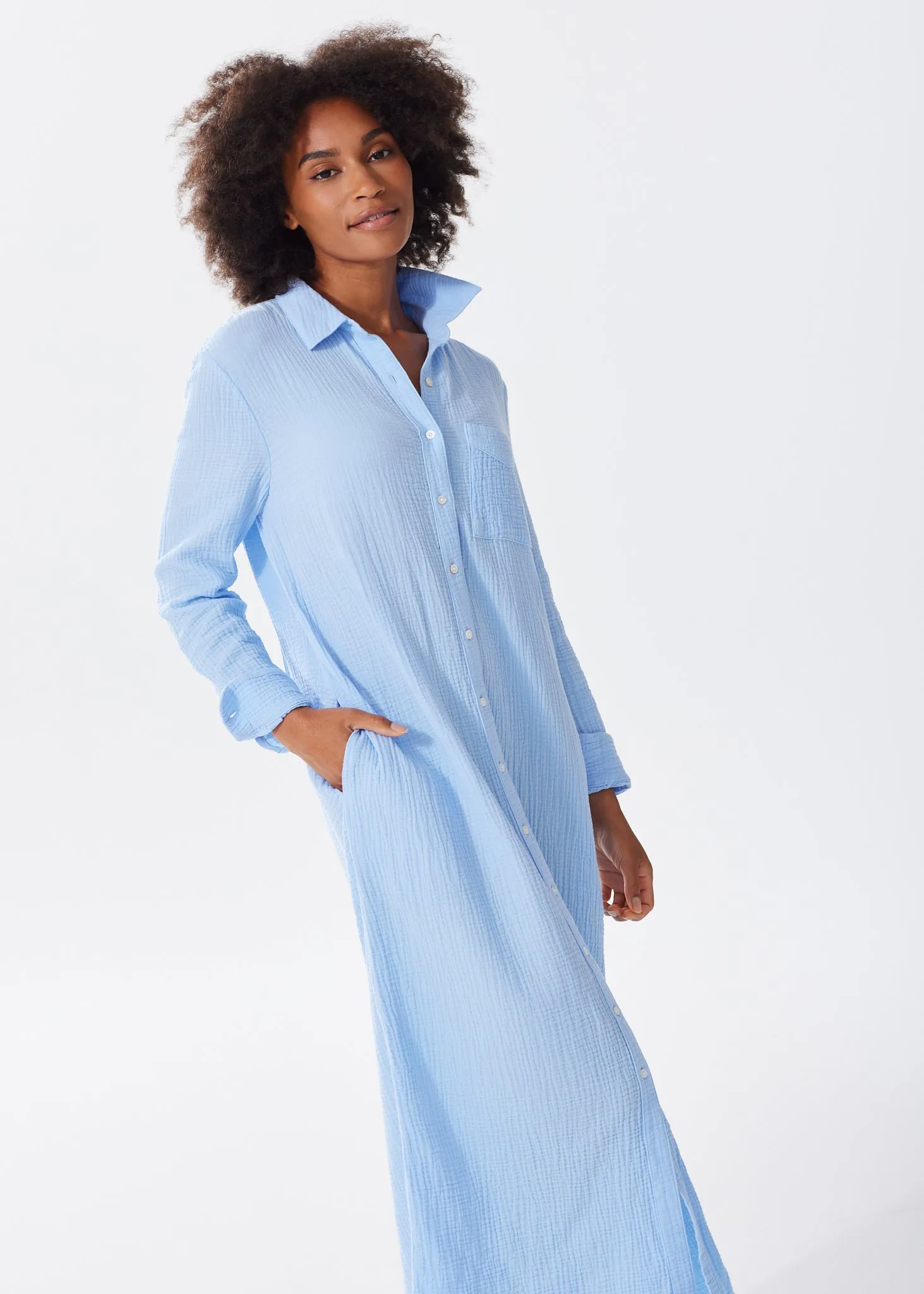 The Organic Cotton Gauze Long Shirt Dress - Double Gauze - Sale