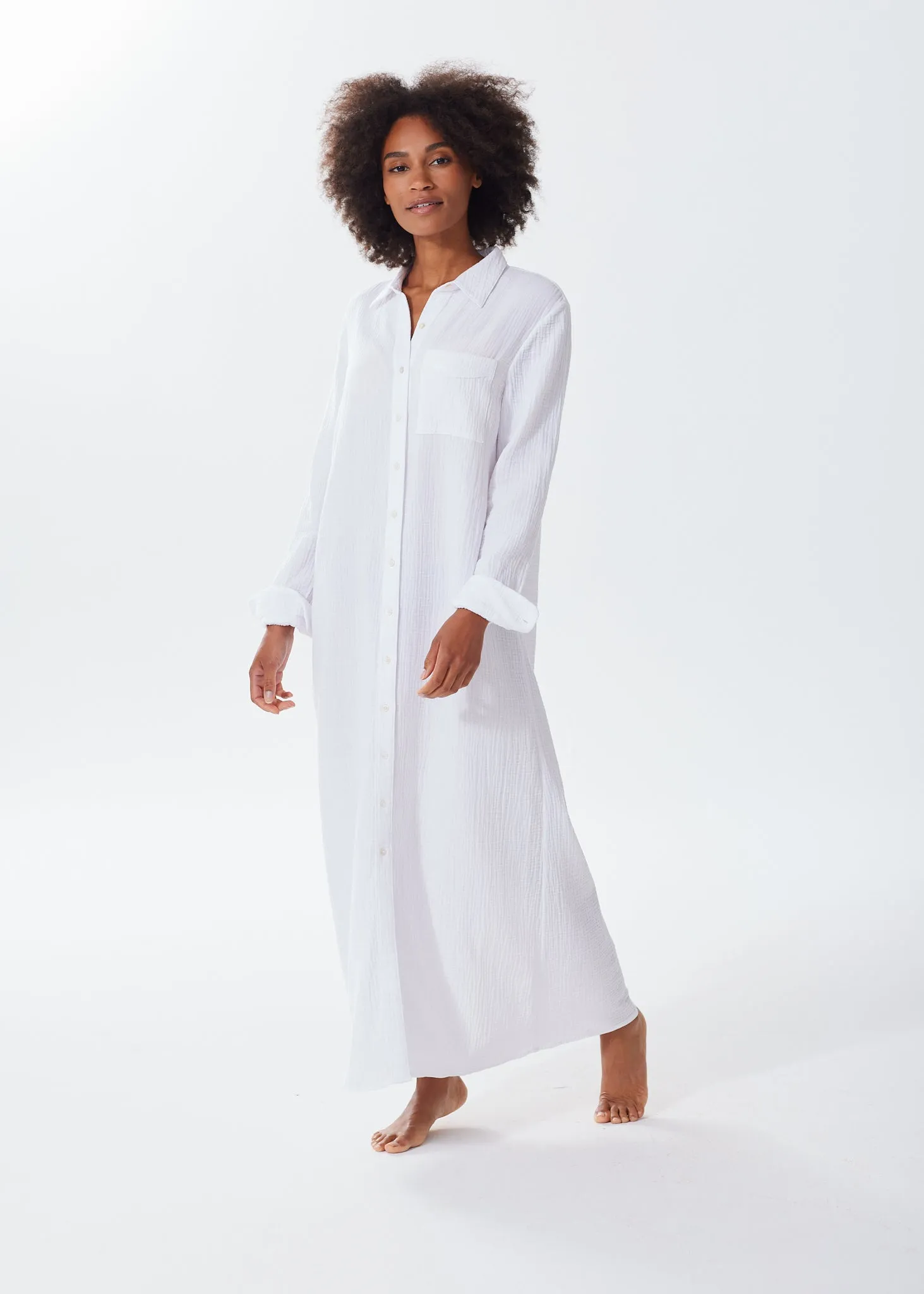 The Organic Cotton Gauze Long Shirt Dress - Double Gauze - Sale