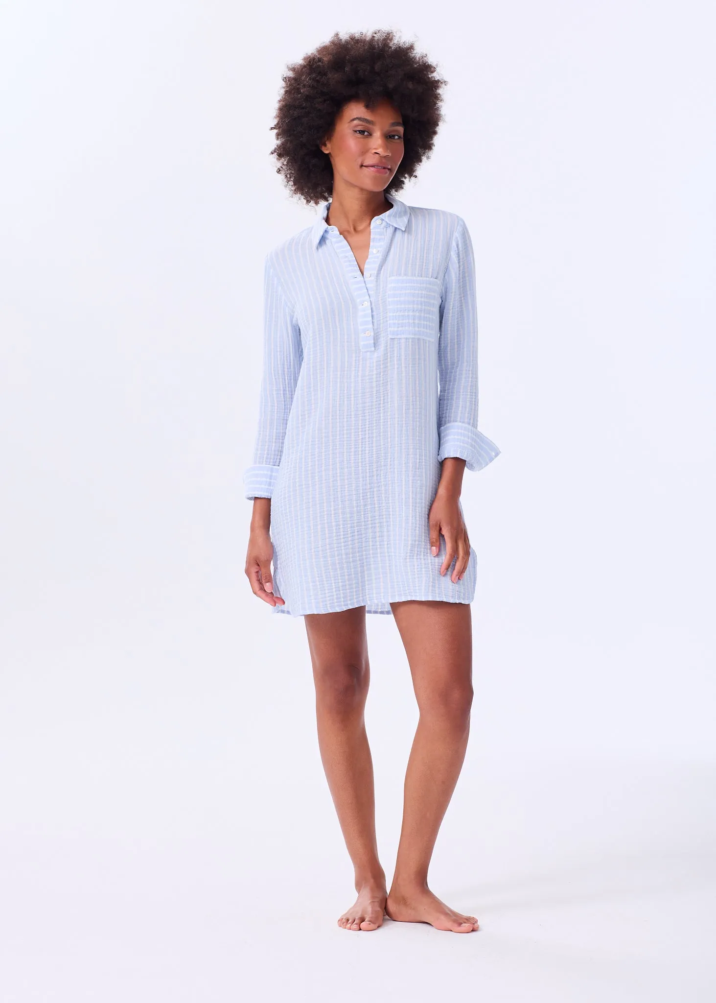 The Organic Cotton Gauze Shirt Dress - Striped - Sale