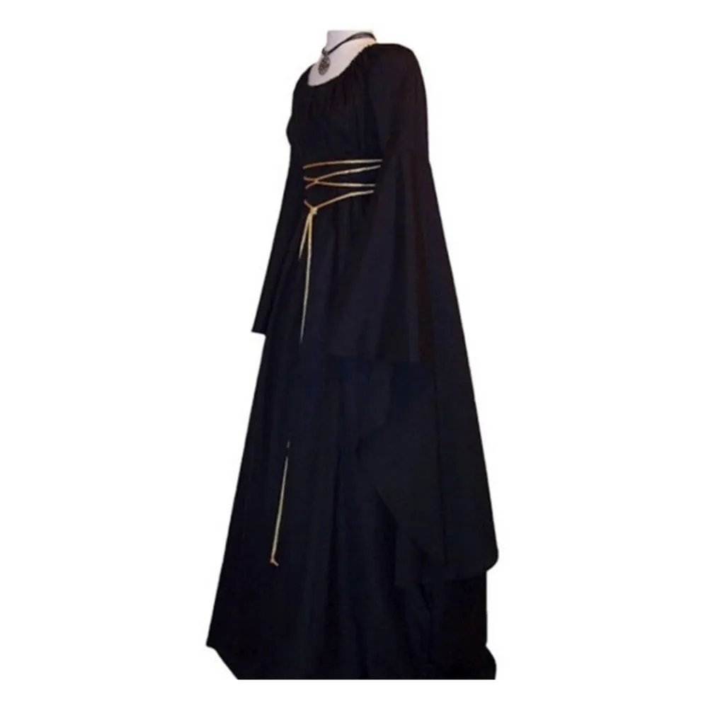 Women Gown Halloween Ruffled Dress Evening Party Long Sleeve Gothic Medieval Crew Neck Ladies Party Cosplay Dress