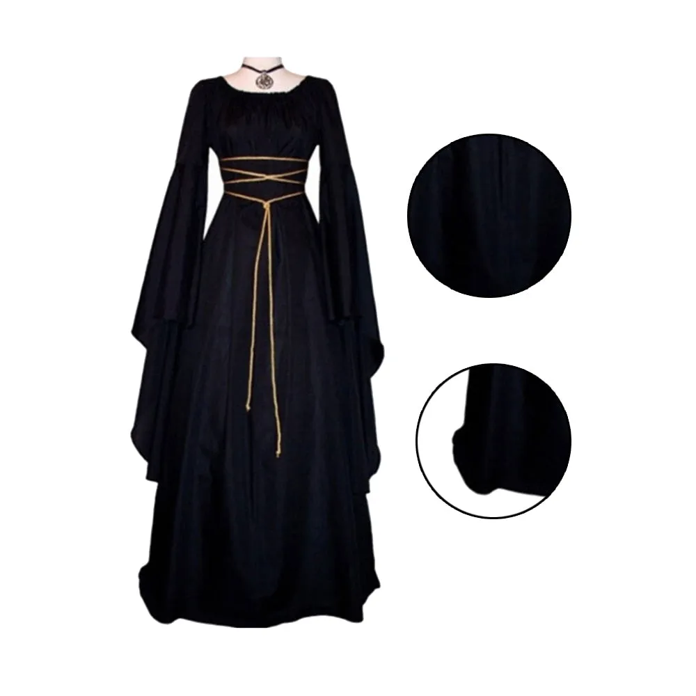 Women Gown Halloween Ruffled Dress Evening Party Long Sleeve Gothic Medieval Crew Neck Ladies Party Cosplay Dress
