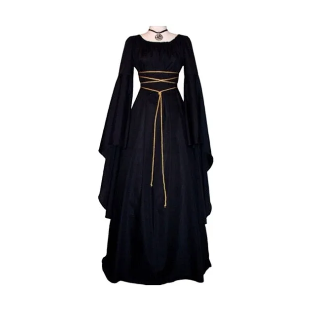 Women Gown Halloween Ruffled Dress Evening Party Long Sleeve Gothic Medieval Crew Neck Ladies Party Cosplay Dress