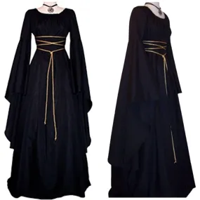Women Gown Halloween Ruffled Dress Evening Party Long Sleeve Gothic Medieval Crew Neck Ladies Party Cosplay Dress