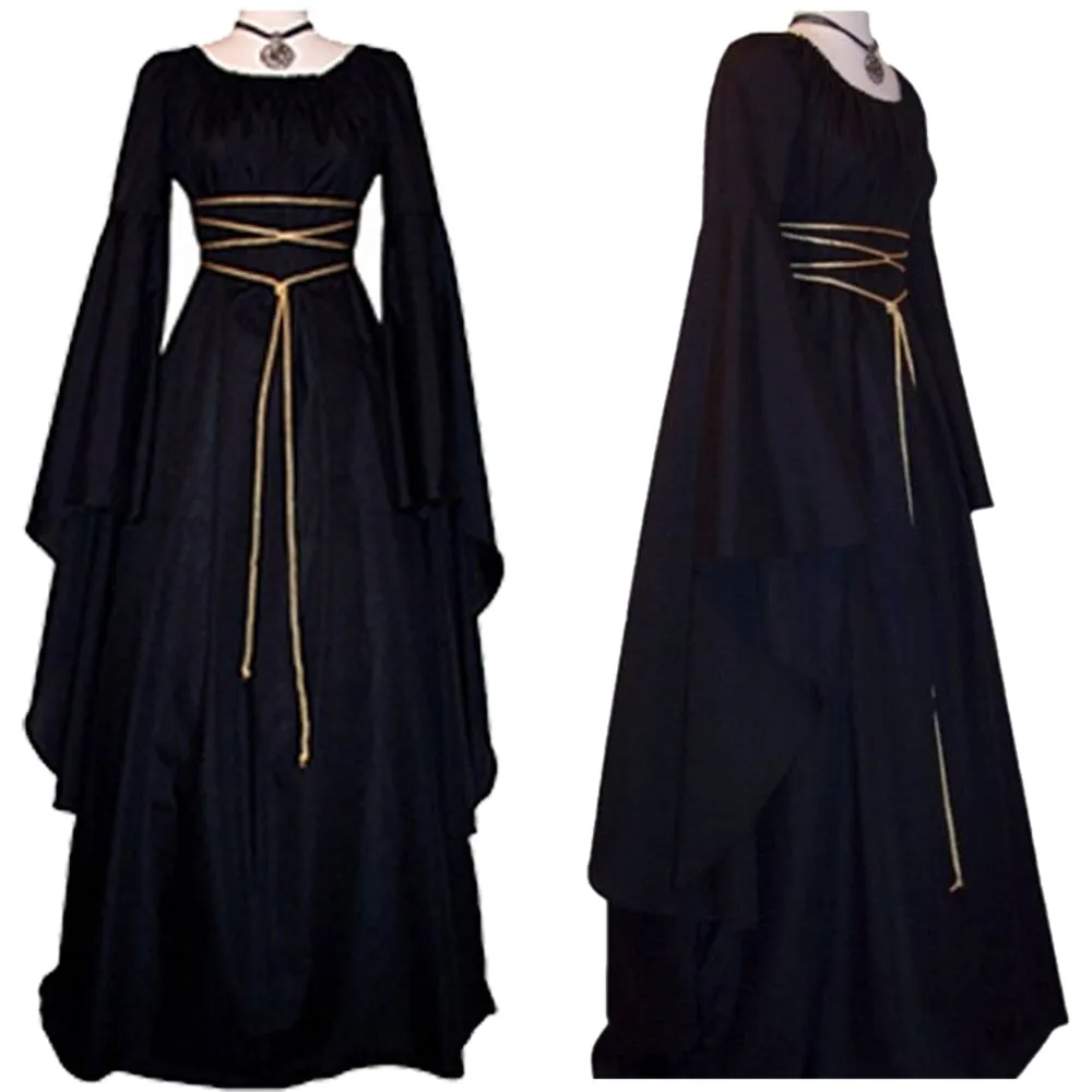 Women Gown Halloween Ruffled Dress Evening Party Long Sleeve Gothic Medieval Crew Neck Ladies Party Cosplay Dress