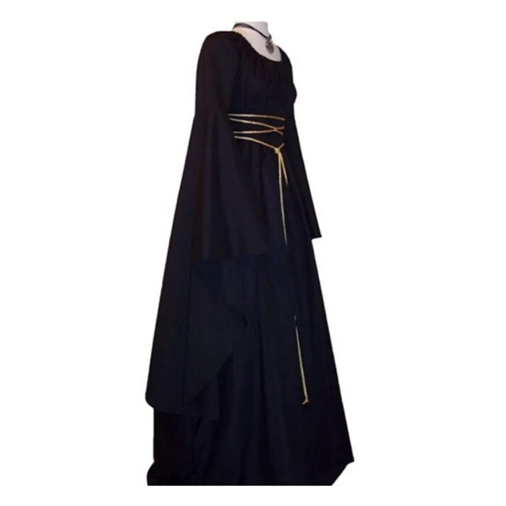 Women Gown Halloween Ruffled Dress Evening Party Long Sleeve Gothic Medieval Crew Neck Ladies Party Cosplay Dress