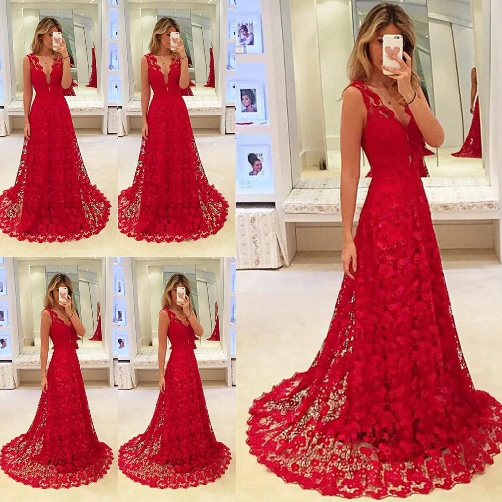 Women Long Lace Dress Evening Formal Party Prom  Gown Formal Evening Party Gowns Dress