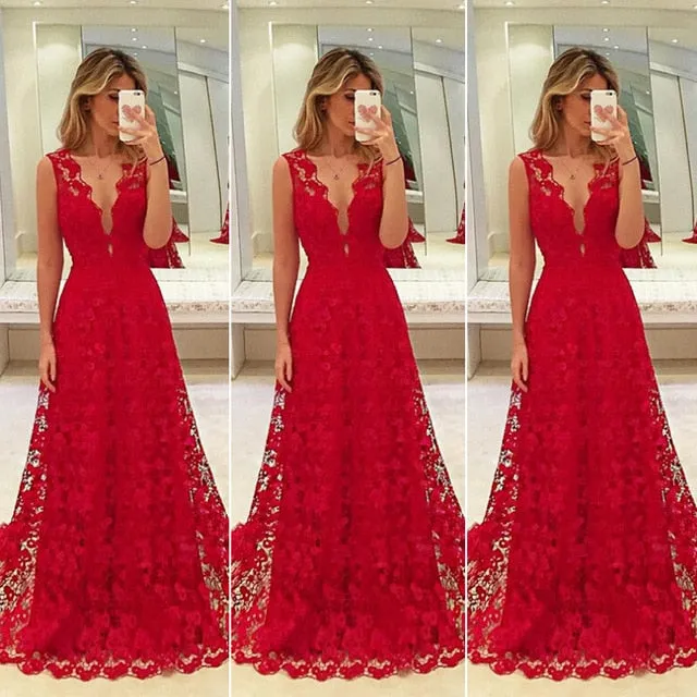 Women Long Lace Dress Evening Formal Party Prom  Gown Formal Evening Party Gowns Dress