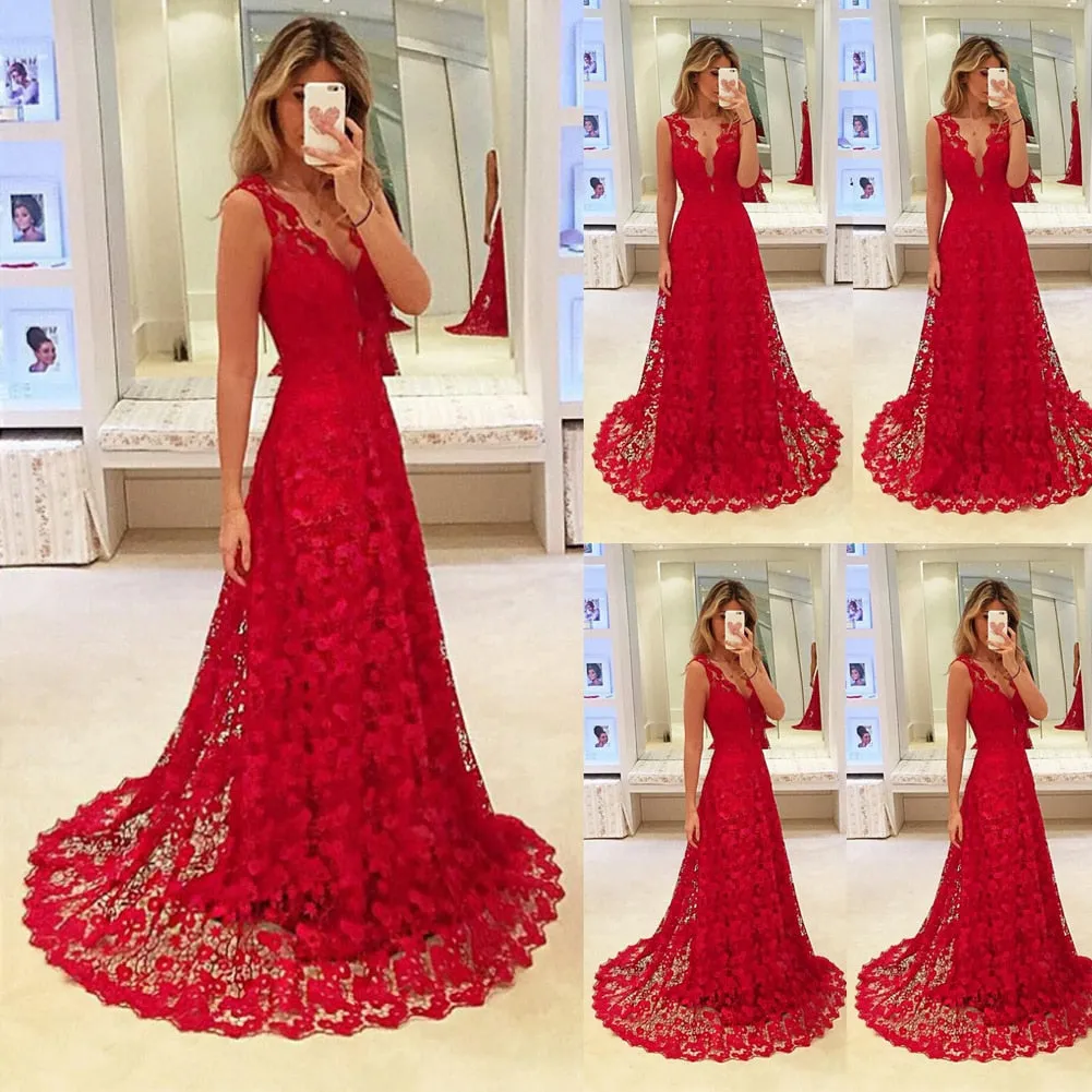 Women Long Lace Dress Evening Formal Party Prom  Gown Formal Evening Party Gowns Dress